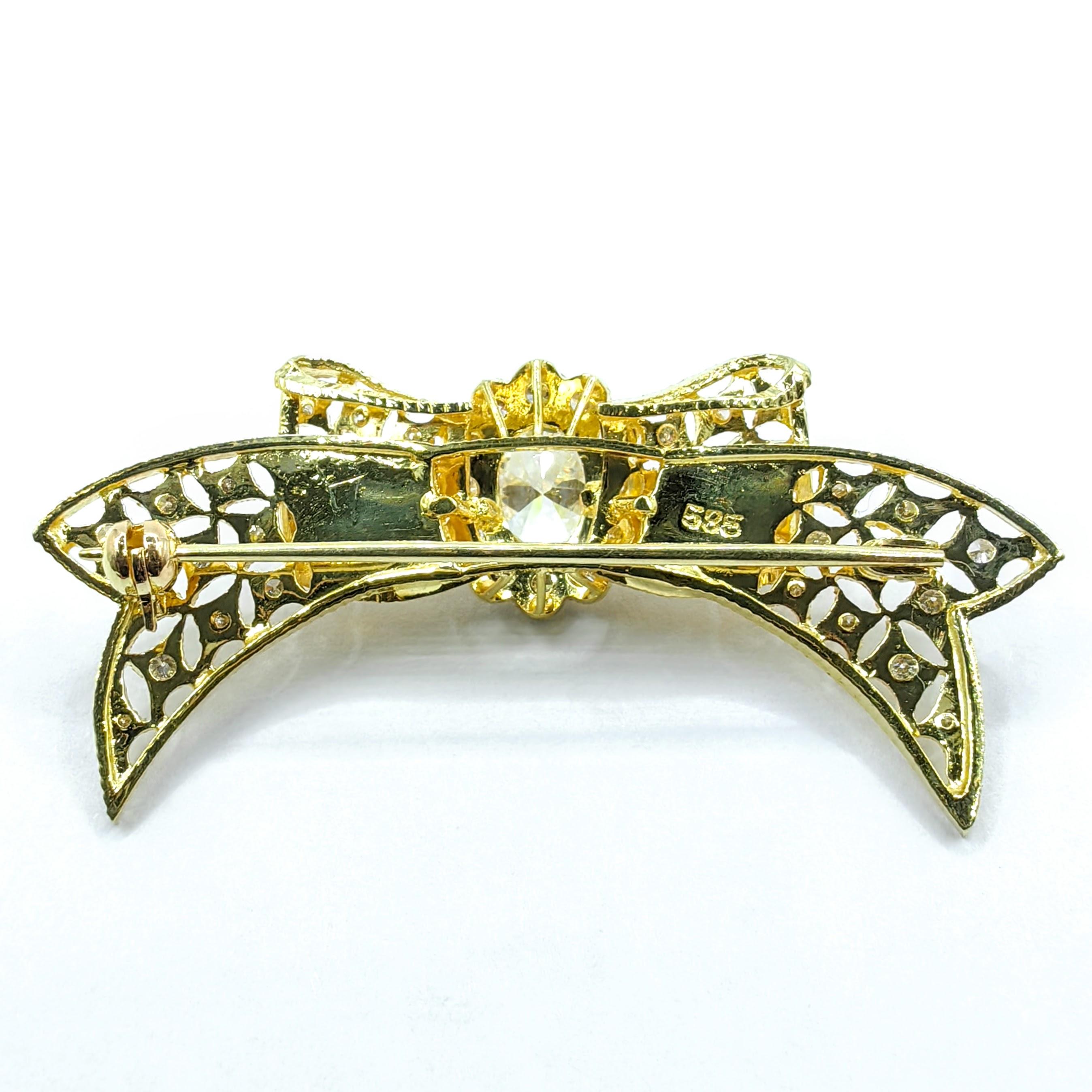 Broche vintage de filigrana con lazo de diamantes talla oval de 1,43 quilates en oro amarillo de 14 quilates en venta 2