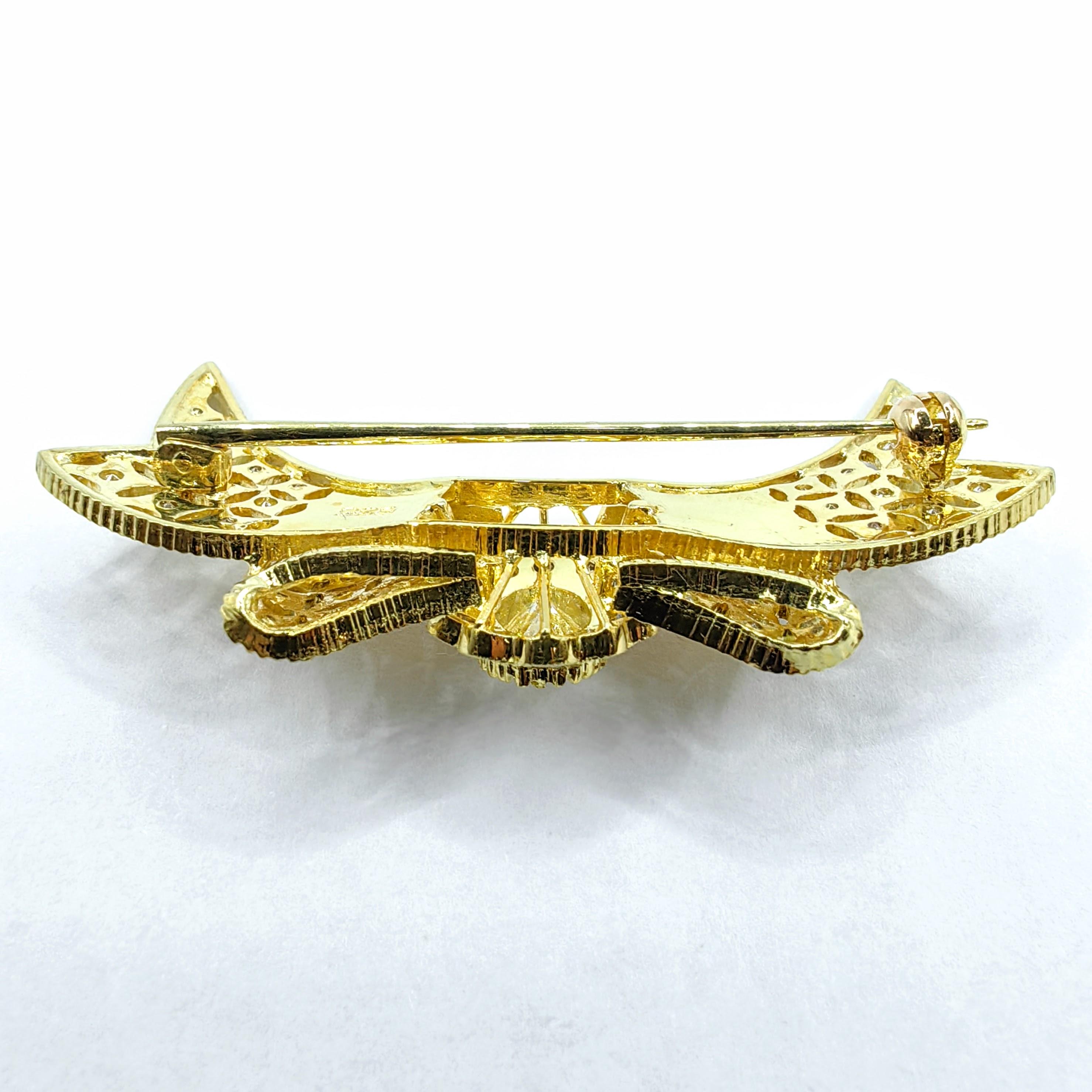 Broche vintage de filigrana con lazo de diamantes talla oval de 1,43 quilates en oro amarillo de 14 quilates en venta 3