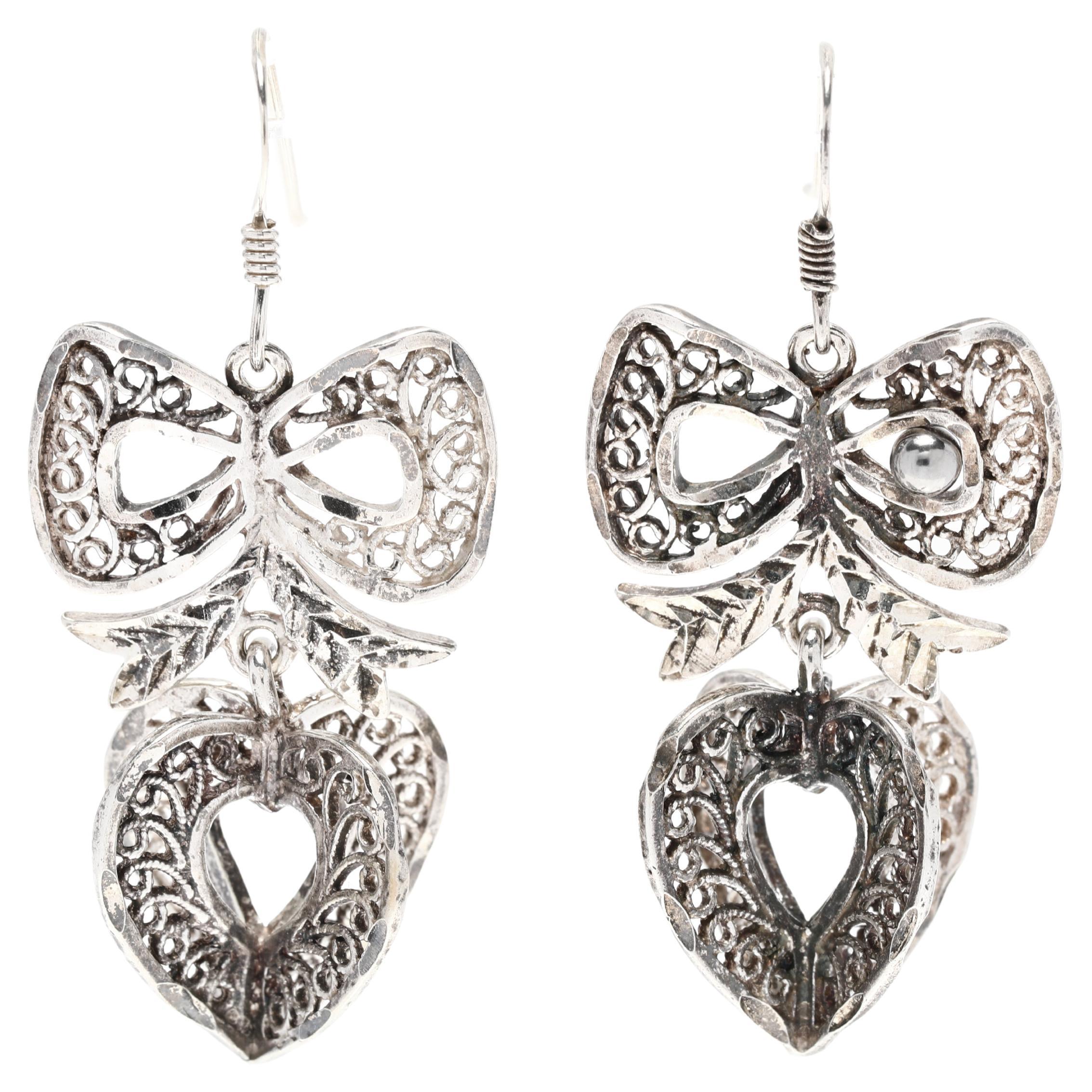 Vintage Filigree Bow Heart Dangle Earrings, Sterling Silver For Sale