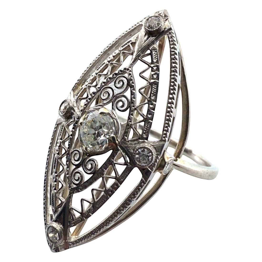 Vintage Filigree Brooch Conversion Elongated Ring For Sale