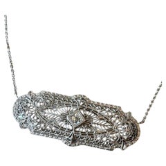 Vintage Filigree Brooch Conversion Necklace 14K White Gold
