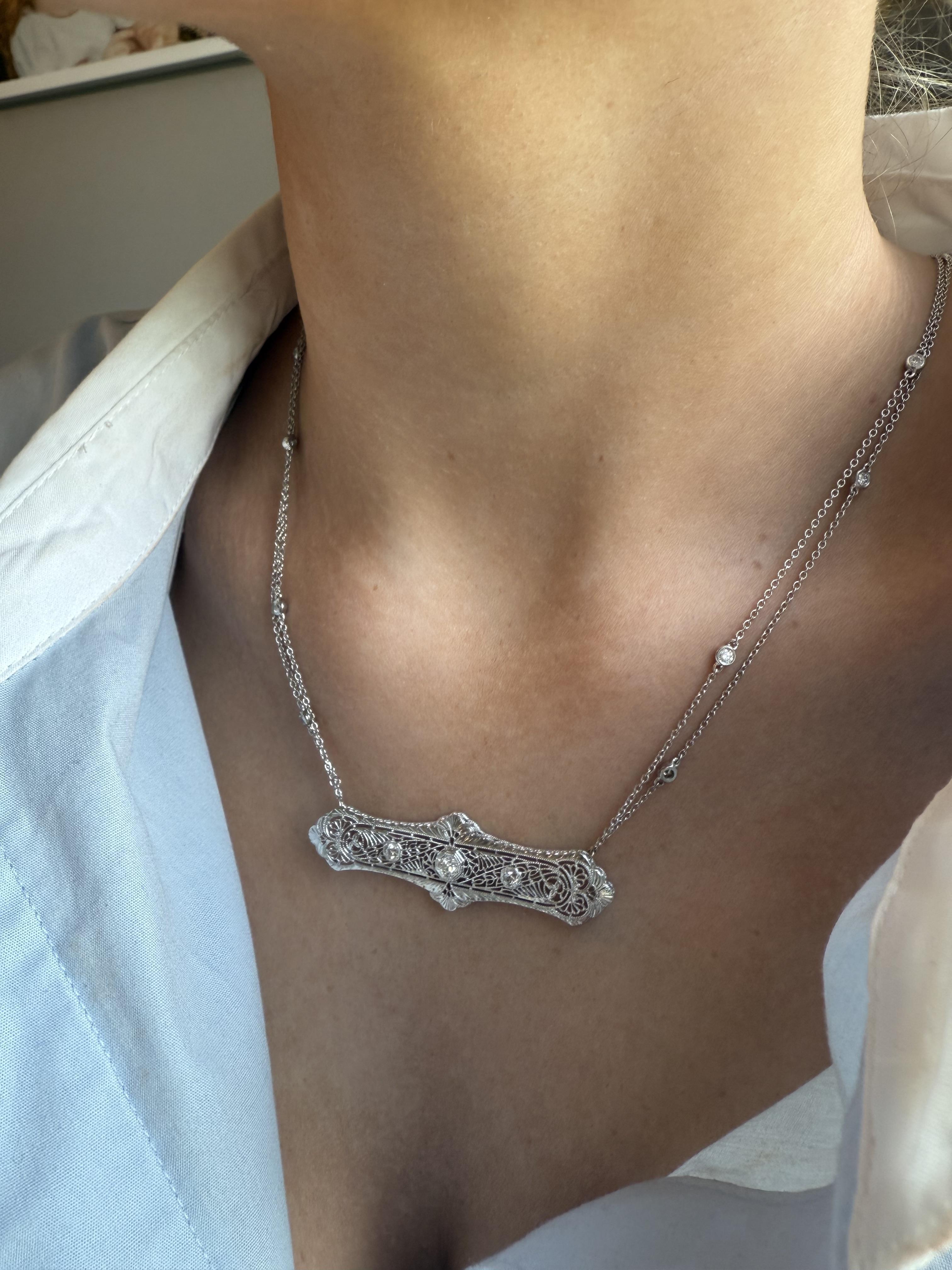 Art Deco Vintage Filigree Diamond Brooch Conversion Necklace For Sale