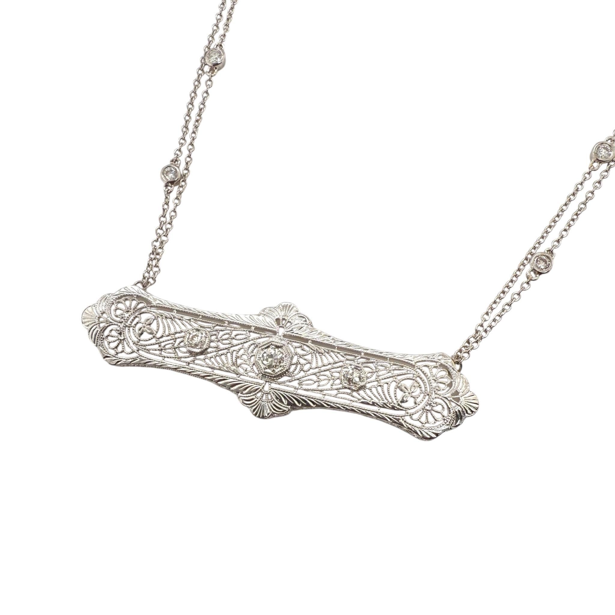 Old European Cut Vintage Filigree Diamond Brooch Conversion Necklace For Sale