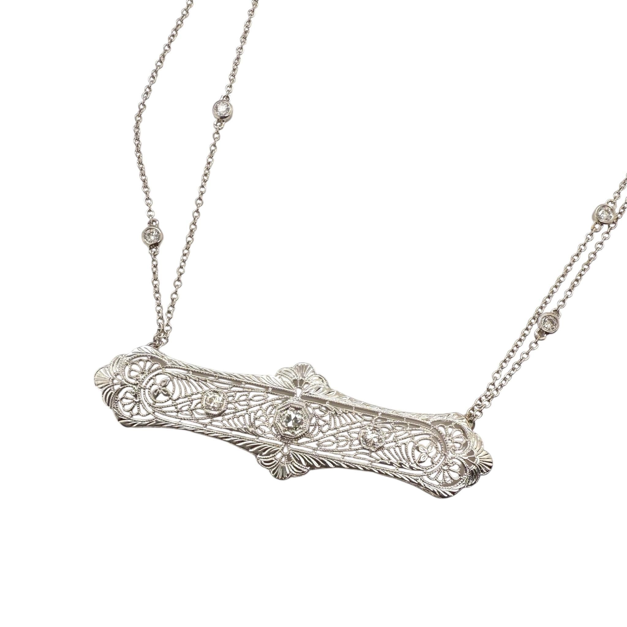 Vintage Filigree Diamond Brooch Conversion Necklace In Good Condition For Sale In Montgomery, AL