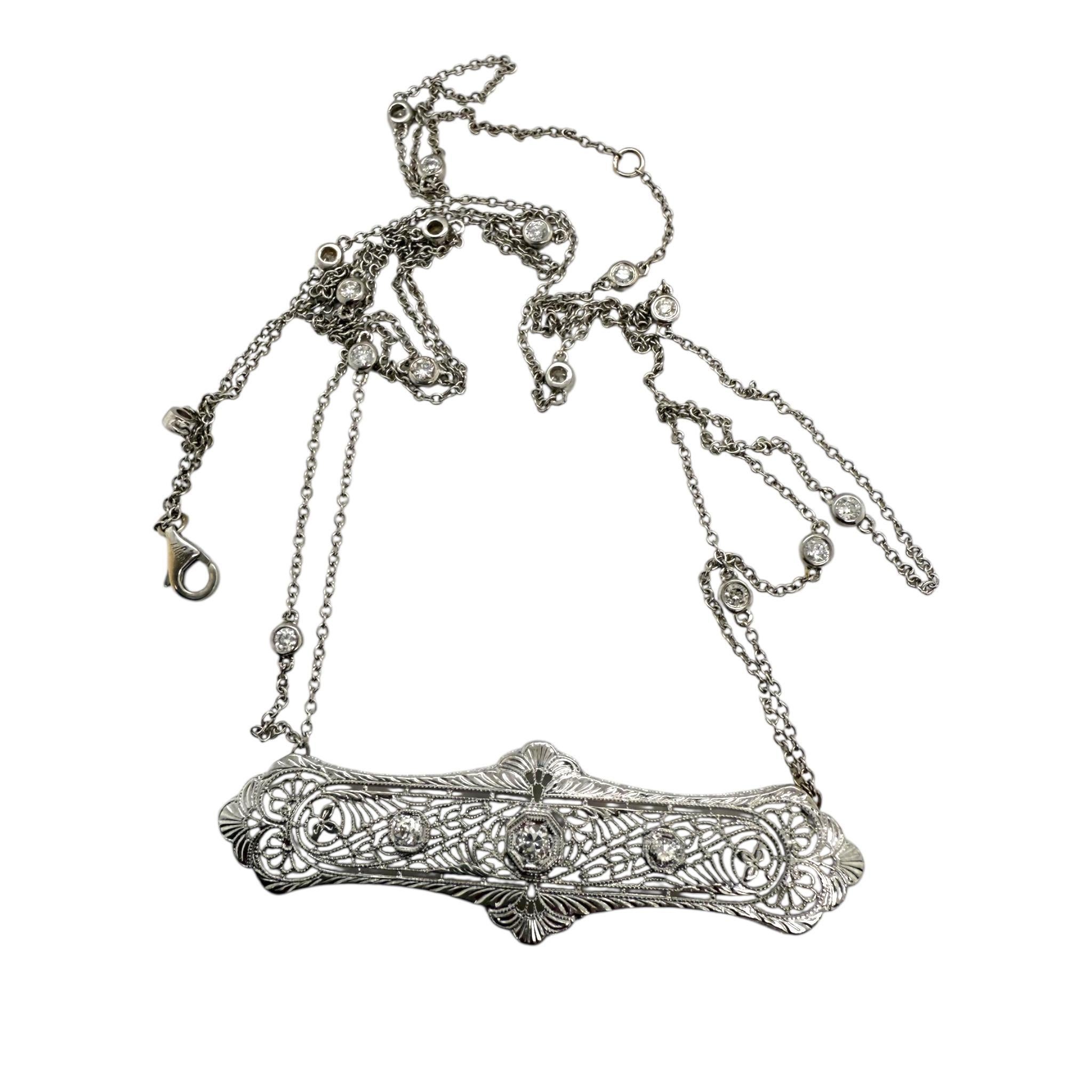 Women's Vintage Filigree Diamond Brooch Conversion Necklace For Sale