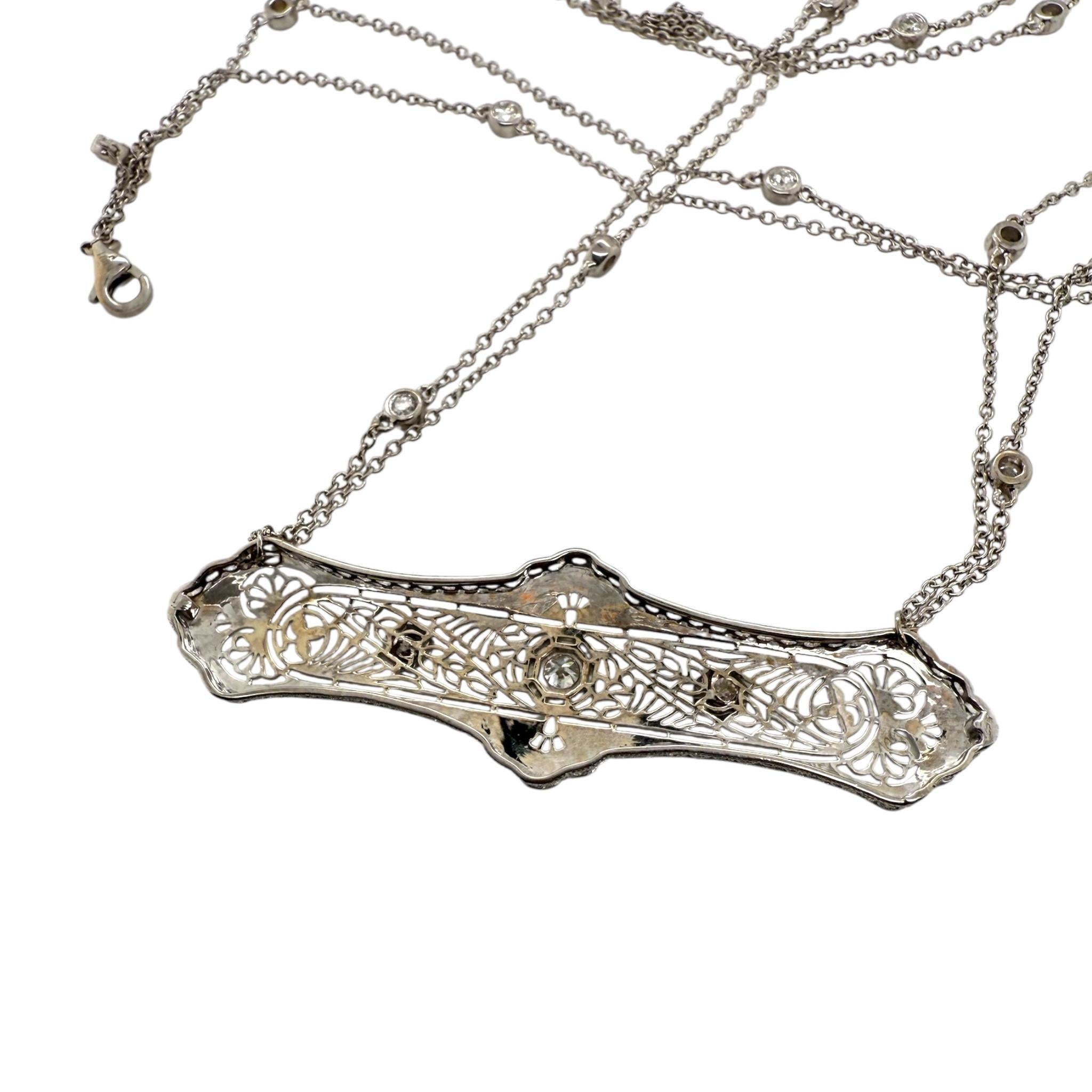 Vintage Filigree Diamond Brooch Conversion Necklace For Sale 1