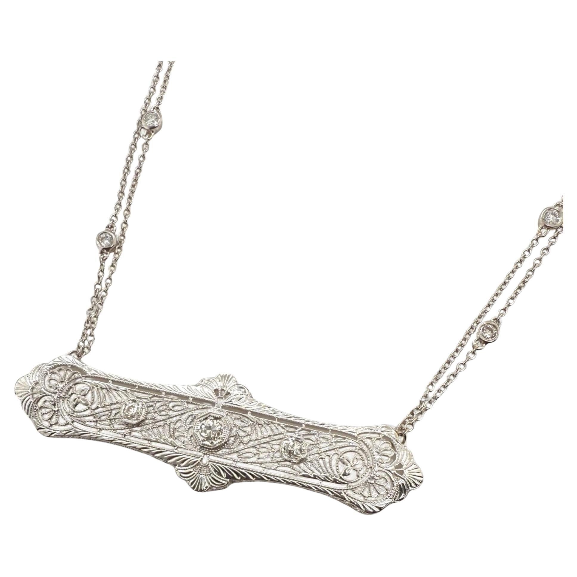 Vintage Filigree Diamond Brooch Conversion Necklace For Sale