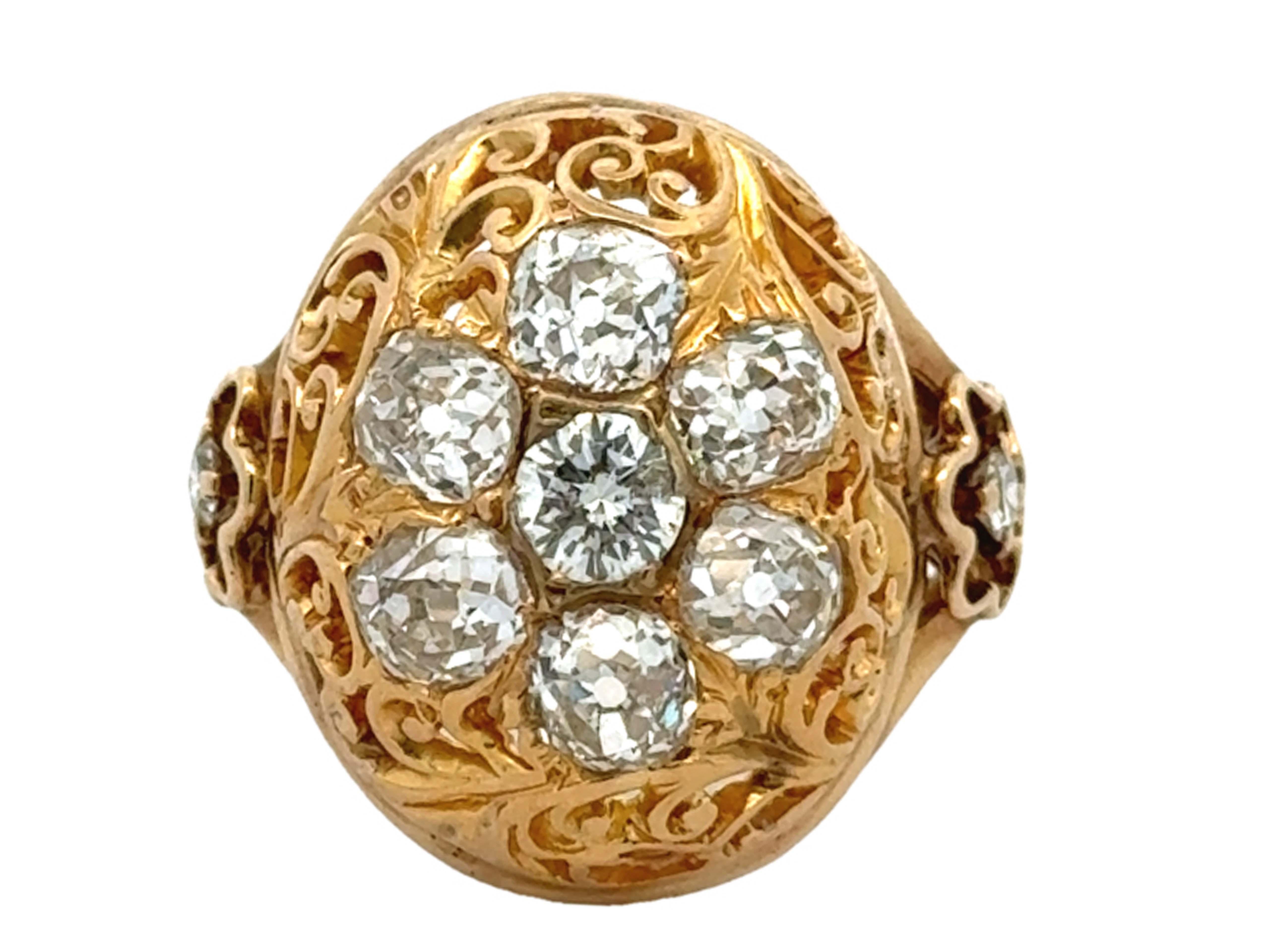 Item Specifications:

Metal: 14k Yellow Gold

Diamond Count: 9 diamonds including brilliant cut, old european cut and old mine cut

Total Diamond Carat Weight: ~3.00 carats 

Diamond Color: F-G (old european and old mine cut), F-G (brilliant cut