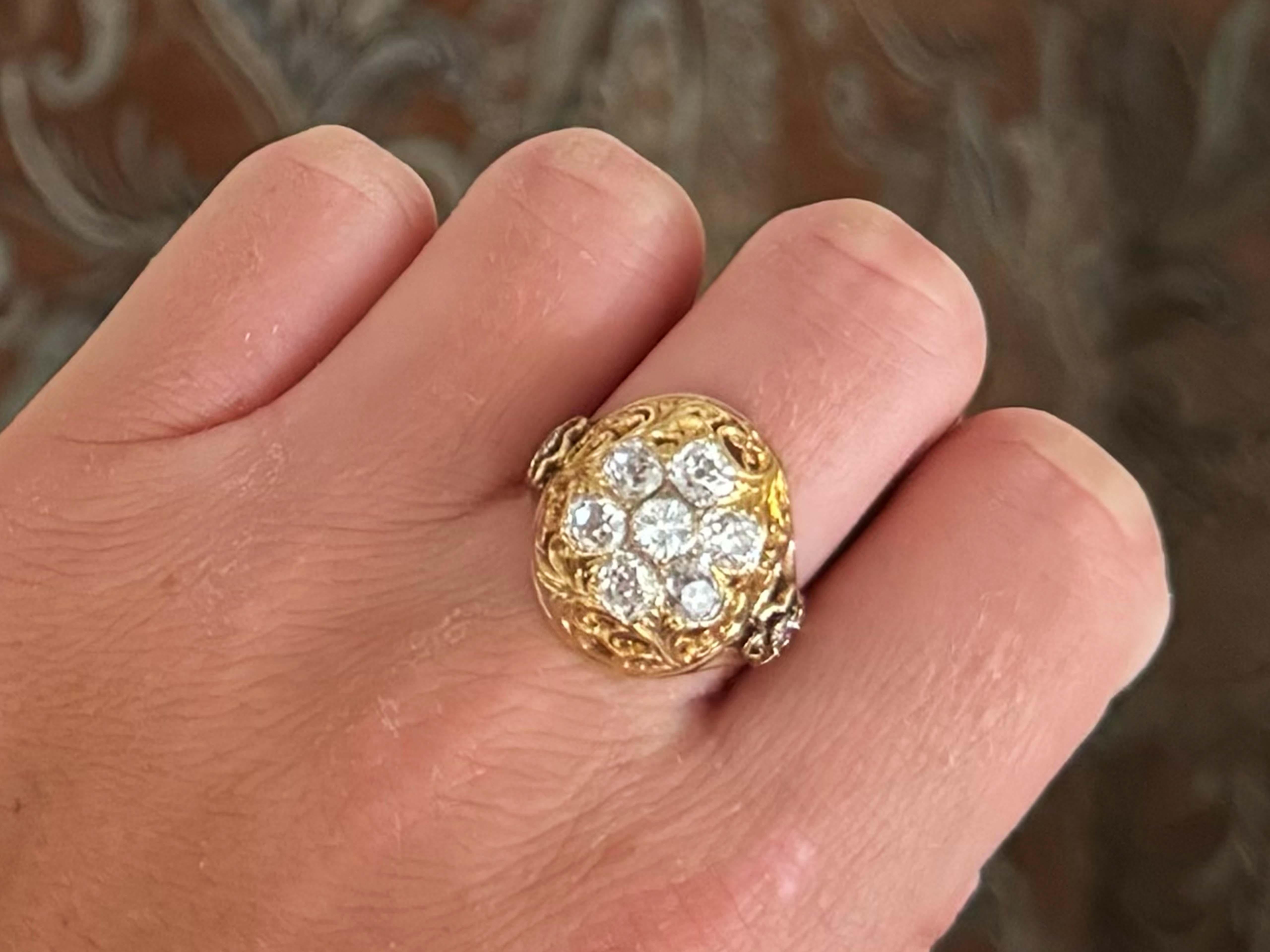 Modern Vintage Filigree Dome Diamond Cocktail Ring 14k Yellow Gold For Sale