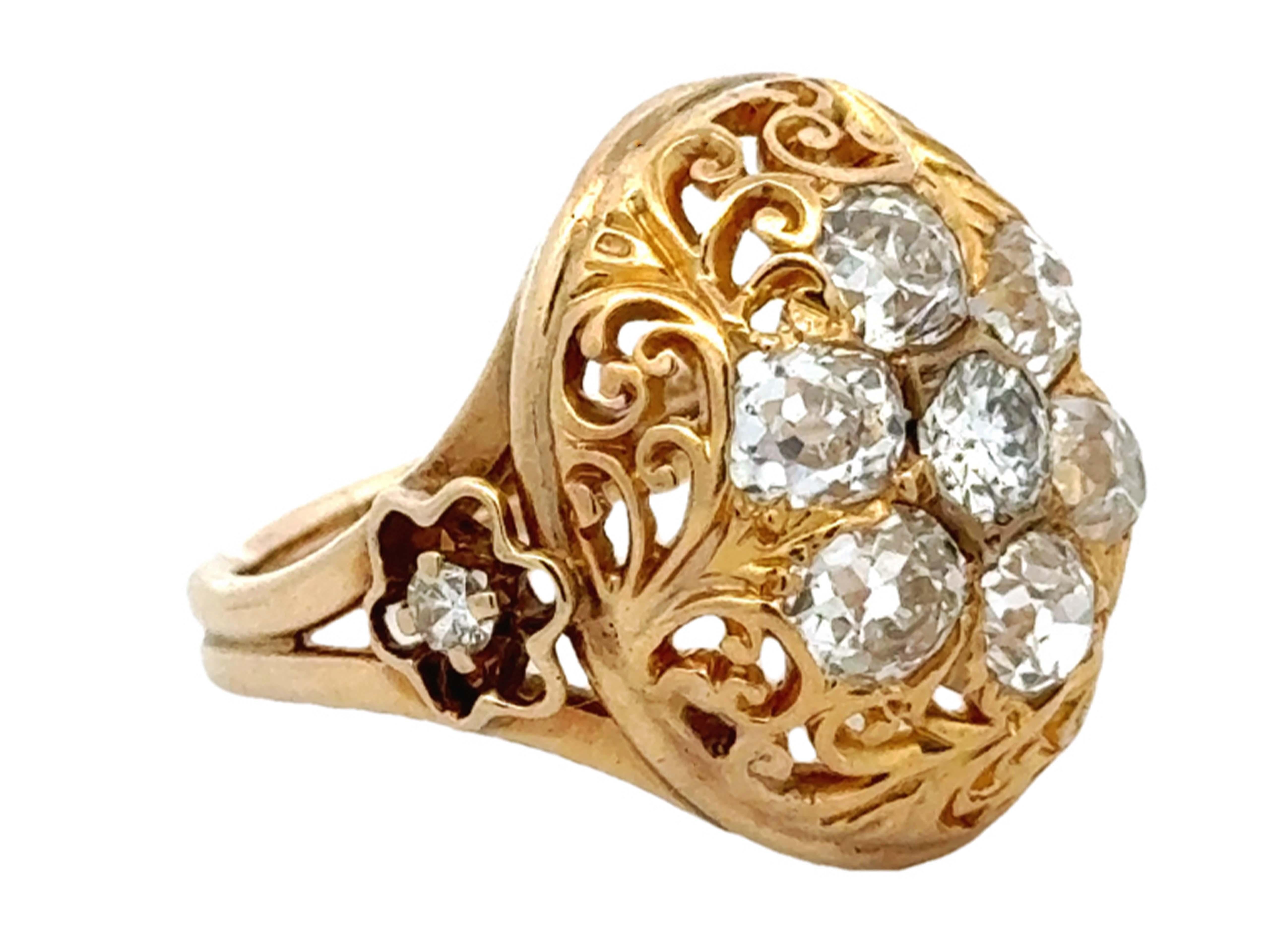 Old European Cut Vintage Filigree Dome Diamond Cocktail Ring 14k Yellow Gold For Sale