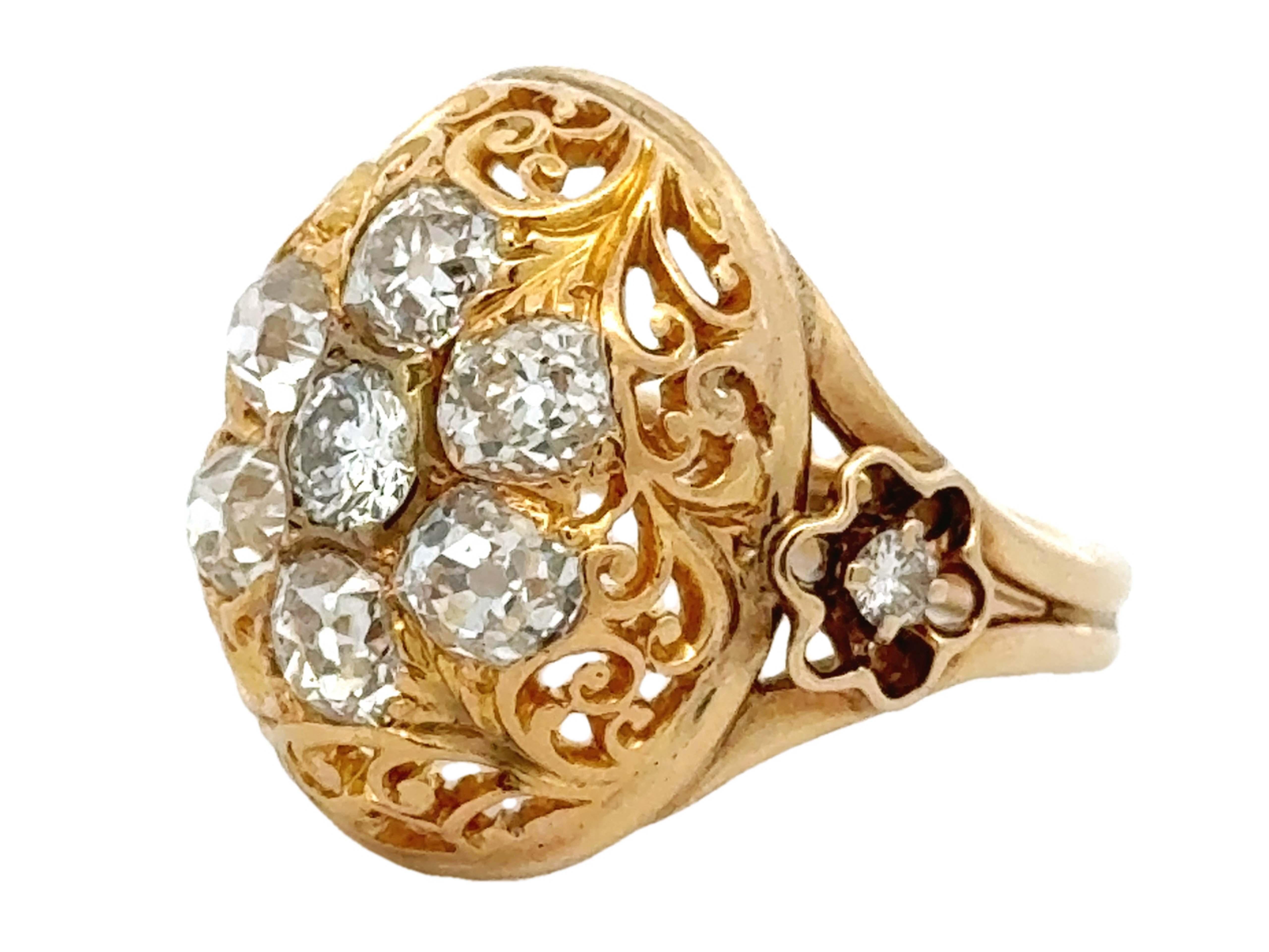 Vintage Filigree Dome Diamond Cocktail Ring 14k Yellow Gold In Excellent Condition For Sale In Honolulu, HI