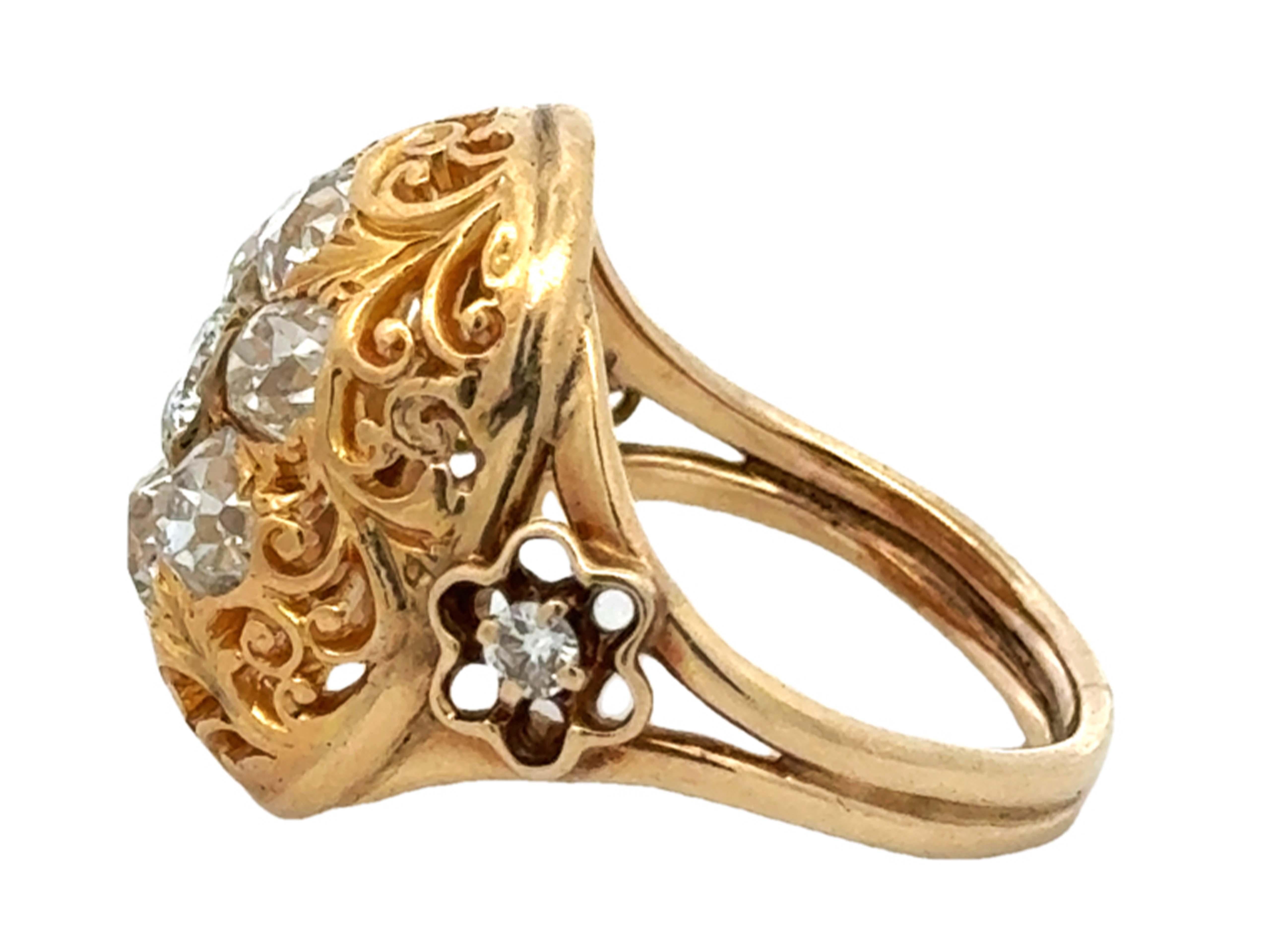 Vintage Filigree Dome Diamond Cocktail Ring 14k Yellow Gold For Sale 1