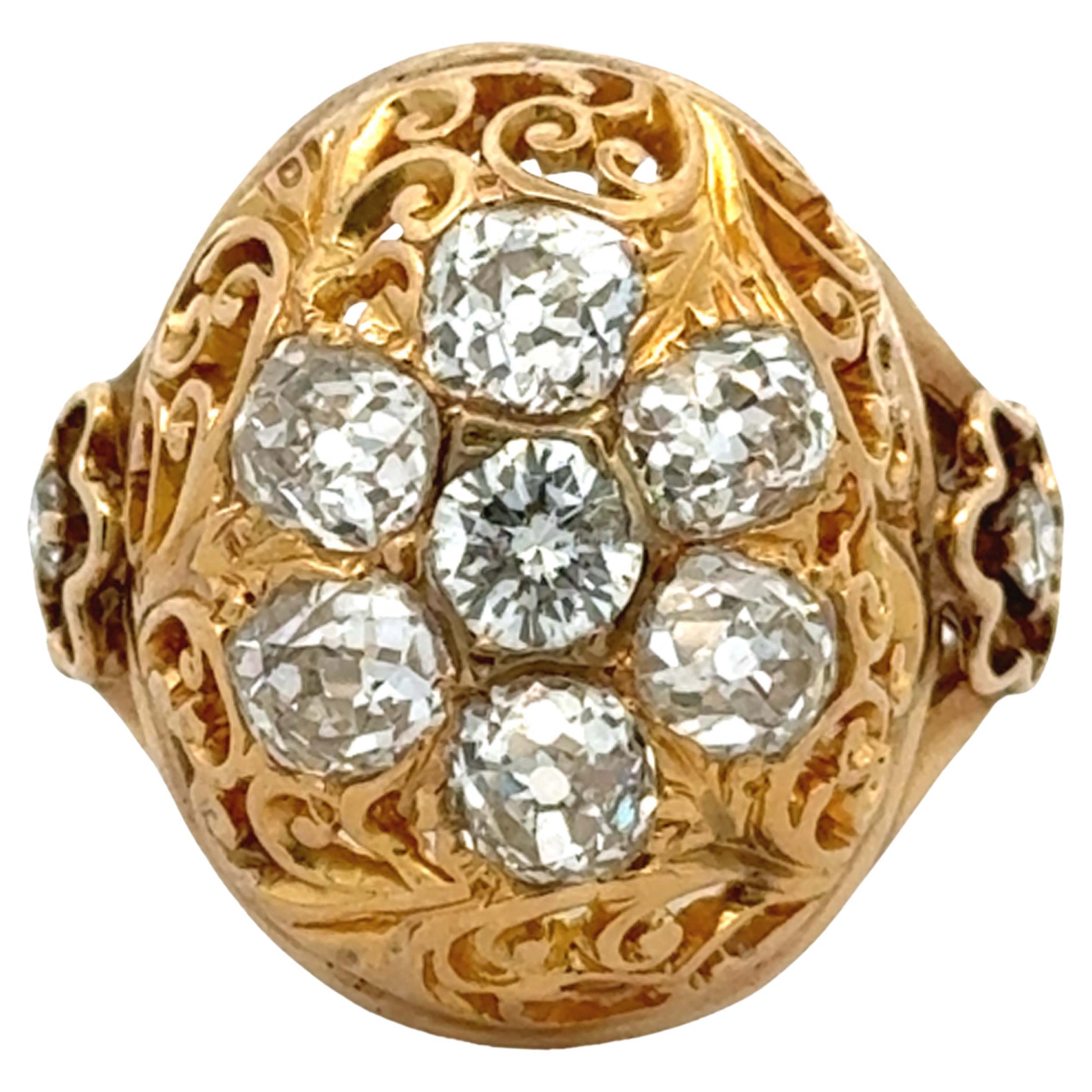 Vintage Filigree Dome Diamond Cocktail Ring 14k Yellow Gold