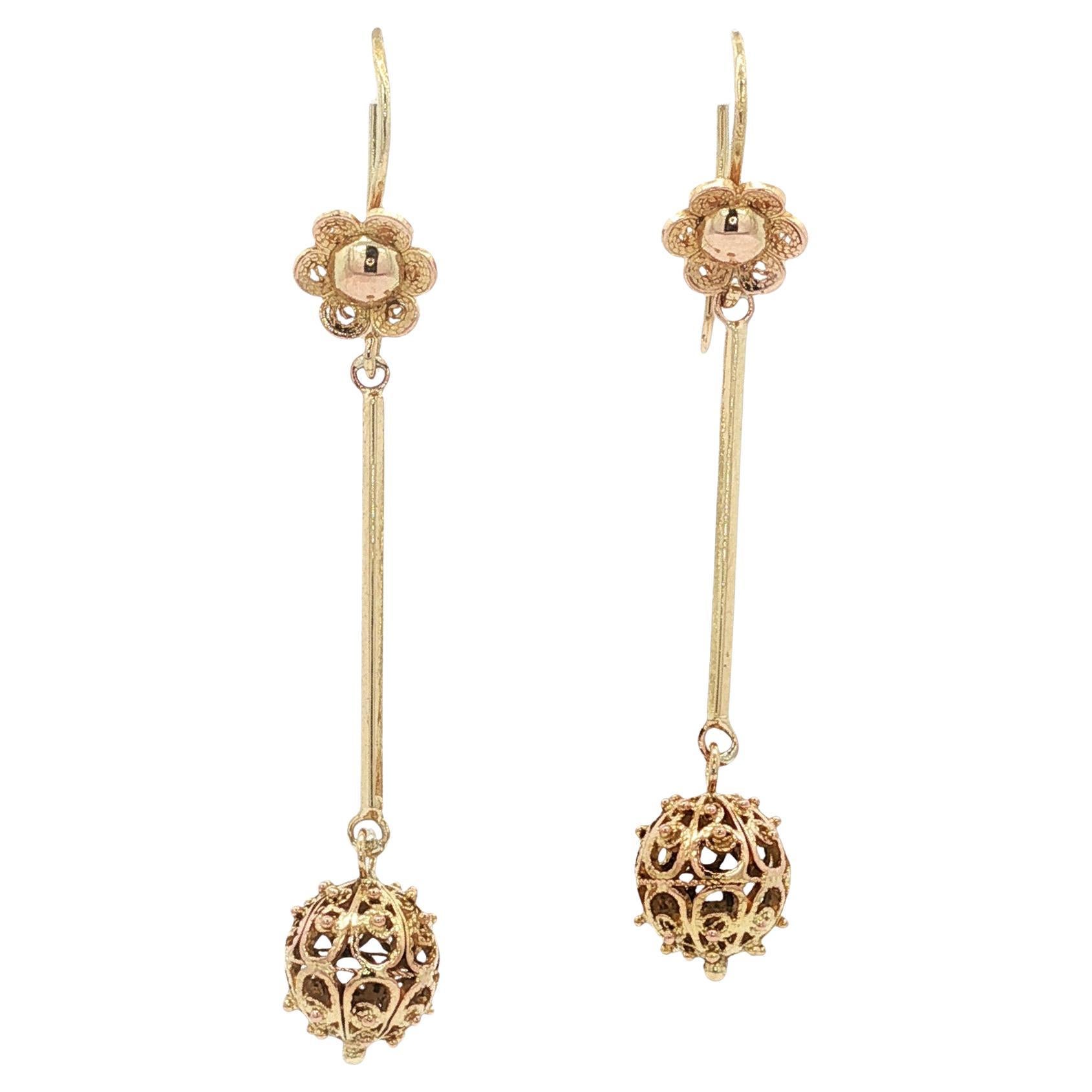Vintage Filigree Floral & Drop Earrings, 14 K Yellow Gold Asymmetrical