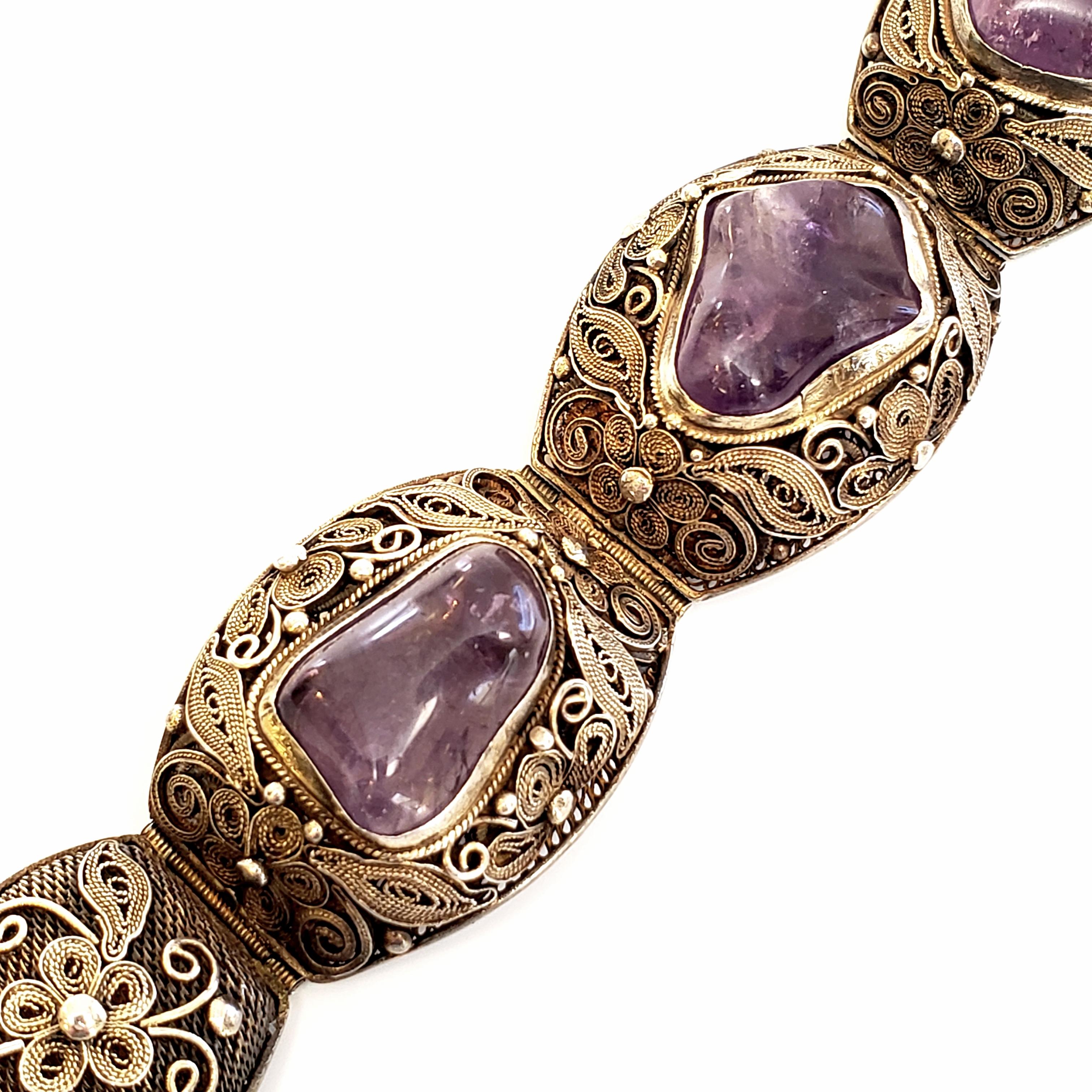 Vintage Filigree Gold Vermeil over Silver and Amethyst Bracelet In Good Condition In Washington Depot, CT