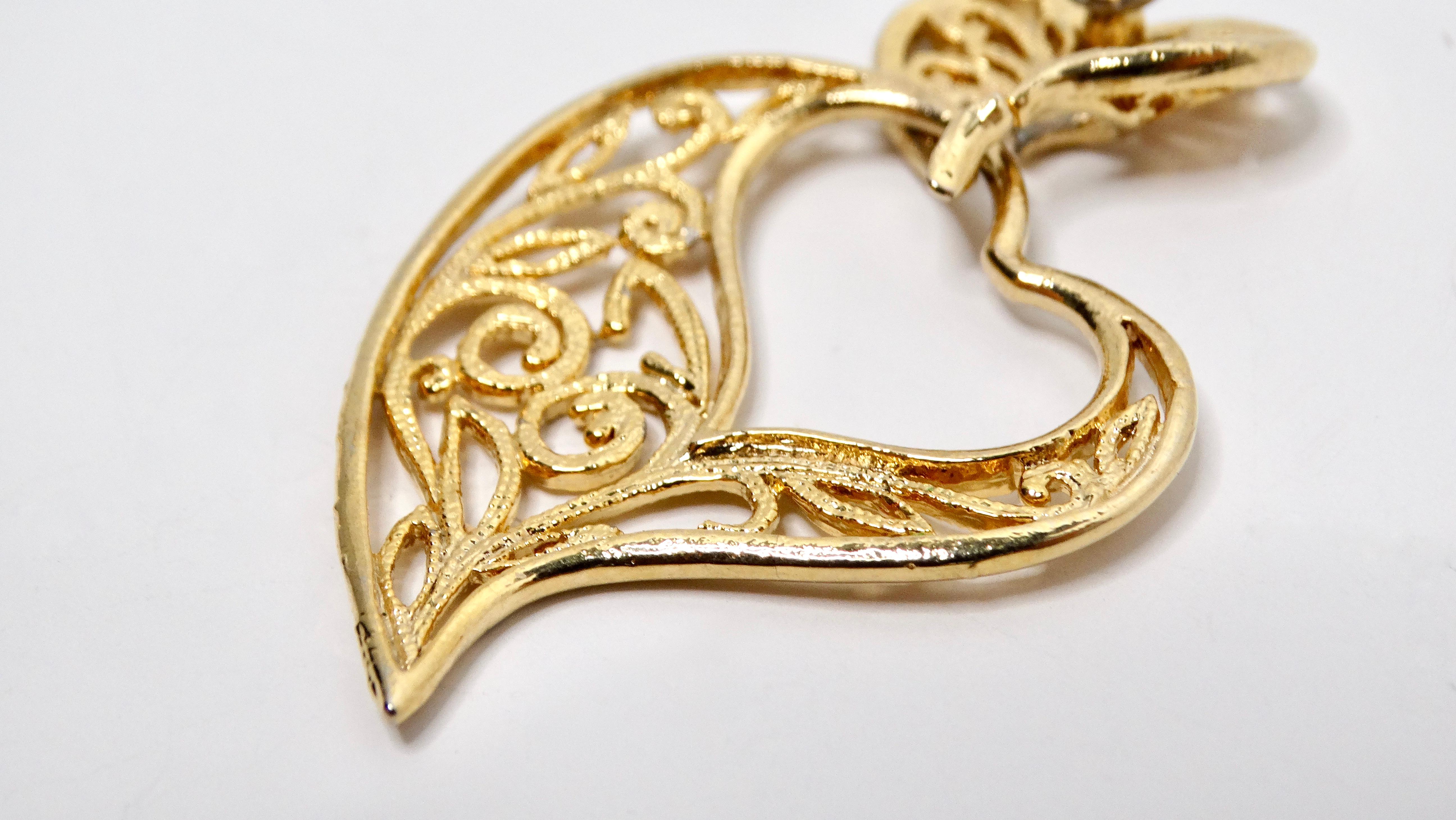 Vintage Filigree Heart 14k Gold Plated Dangle Earrings In Fair Condition For Sale In Scottsdale, AZ