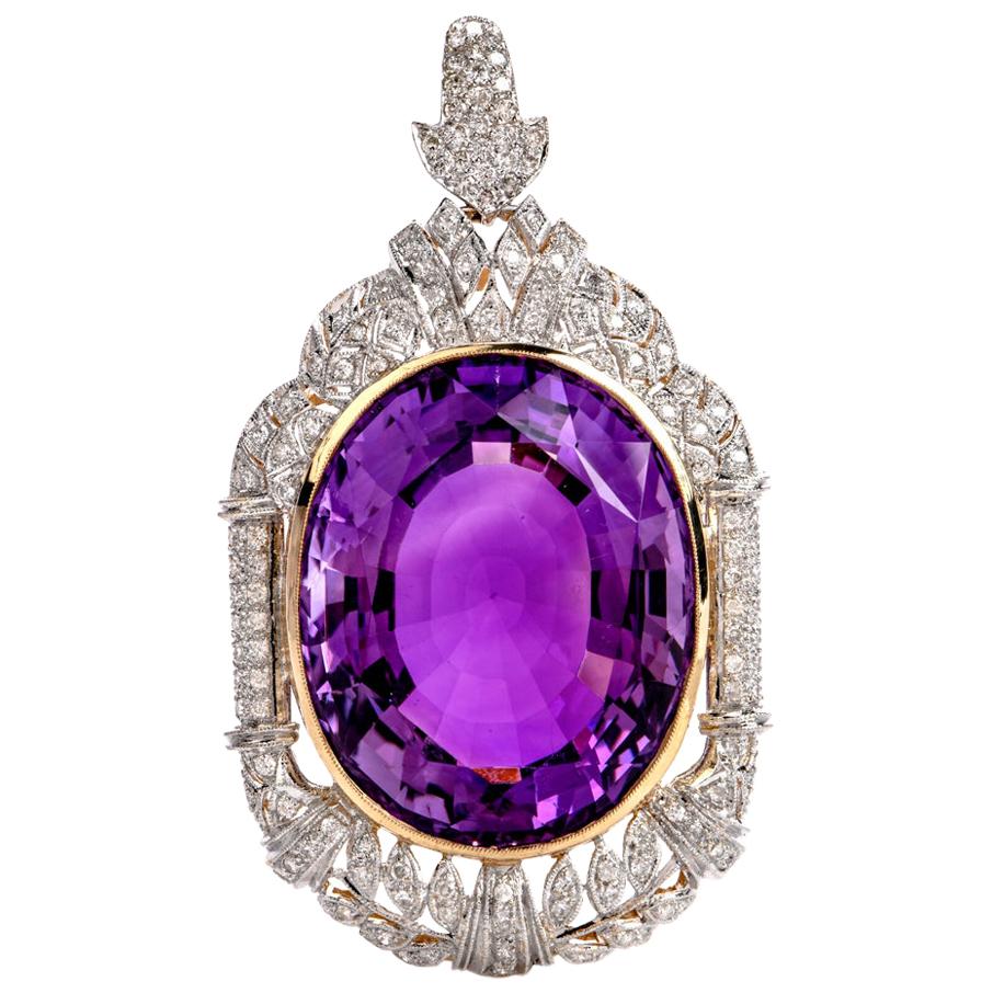 Vintage Filigree Large Amethyst Diamond 18 Karat Gold Pendant