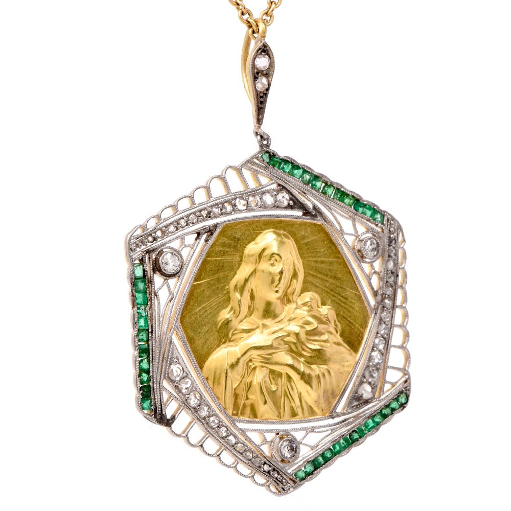  This early vintage pendant with geometric design is crafted in a combination of platinum and 18 karat yellow gold, weighing 11.5 grams and measuring 2 inches long (Including the bale) and 1.4 inches wide. Designed as a hexagonal plaque, the pendant