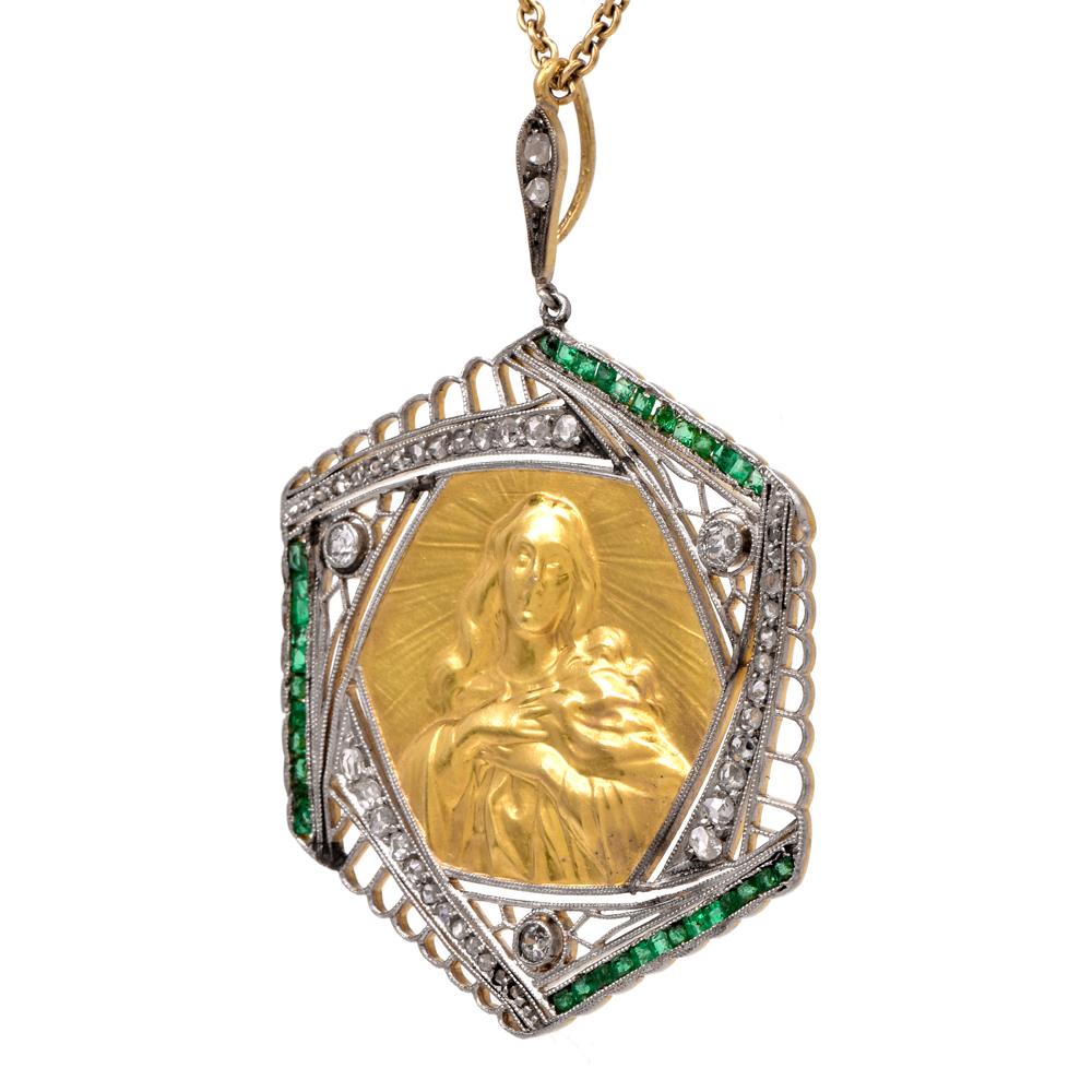 Art Deco Vintage Filigree Madonna Portrait Diamond Emerald Pendant Necklace