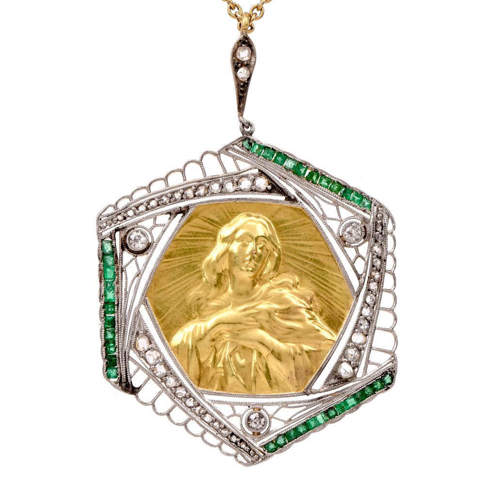 Vintage Filigree Madonna Portrait Diamond Emerald Pendant Necklace