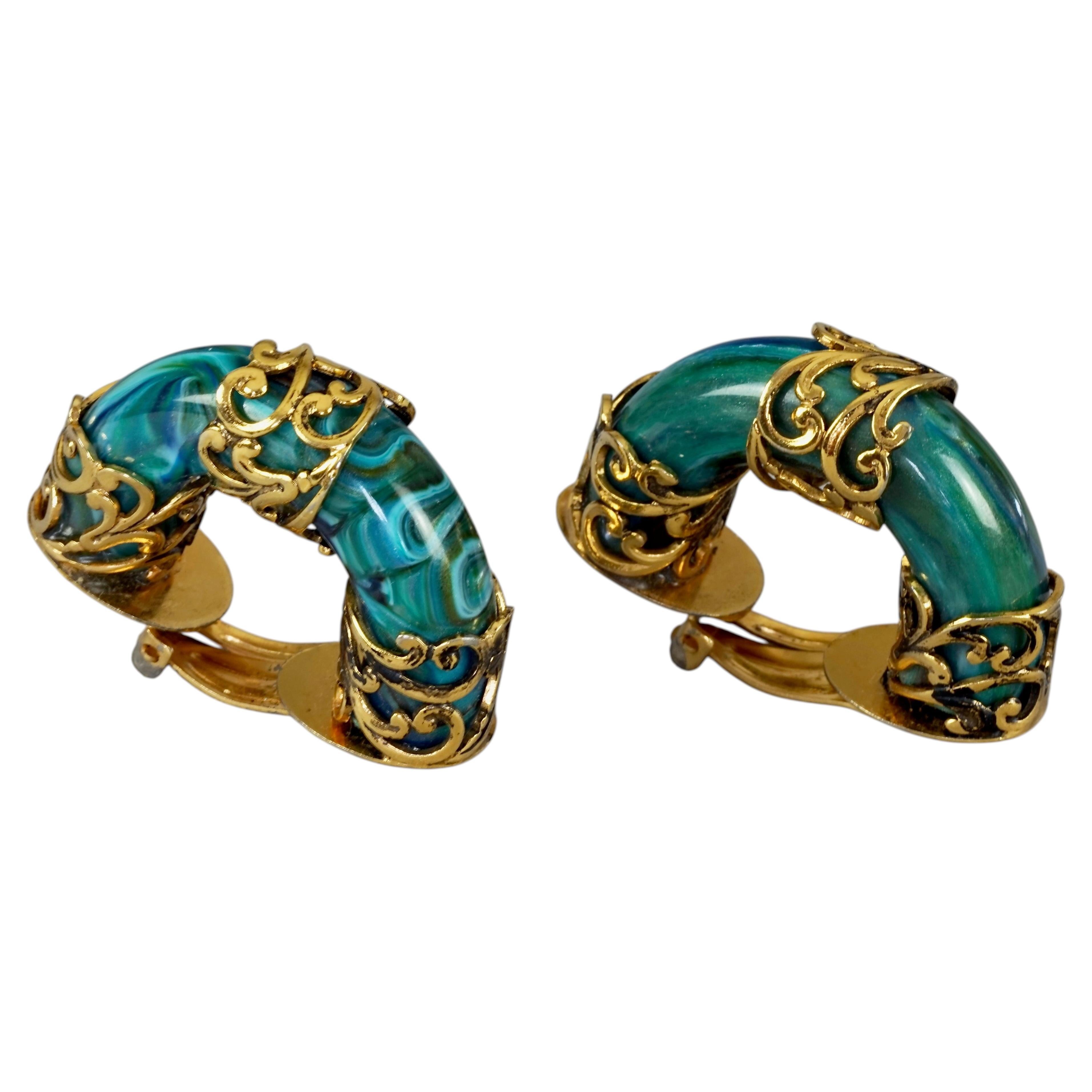 Vintage Filigree Malachite Demi Creole Earrings Attributed to ISABEL CANOVAS