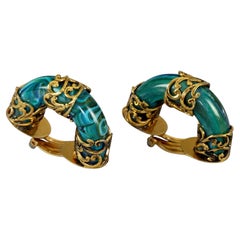 Vintage Filigree Malachite Demi Creole Earrings Attributed to ISABEL CANOVAS