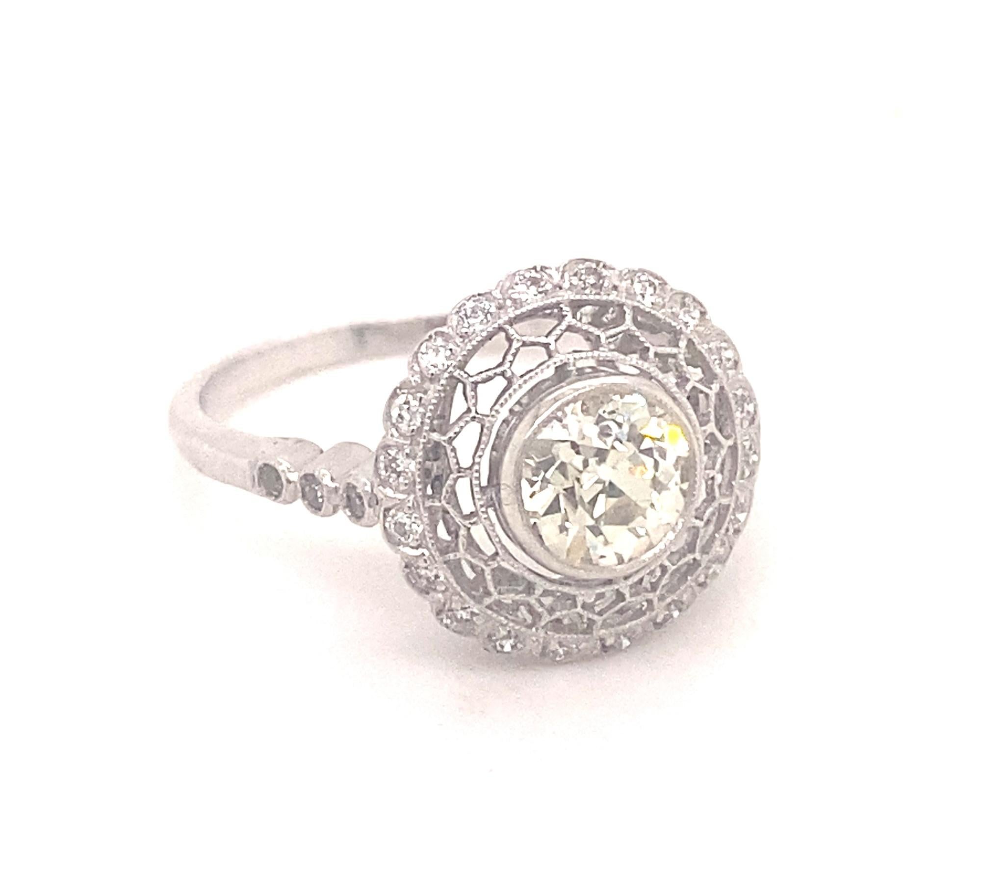Women's Vintage Filigree Old Mine Cut .87 Carat Diamond Platinum Ring For Sale