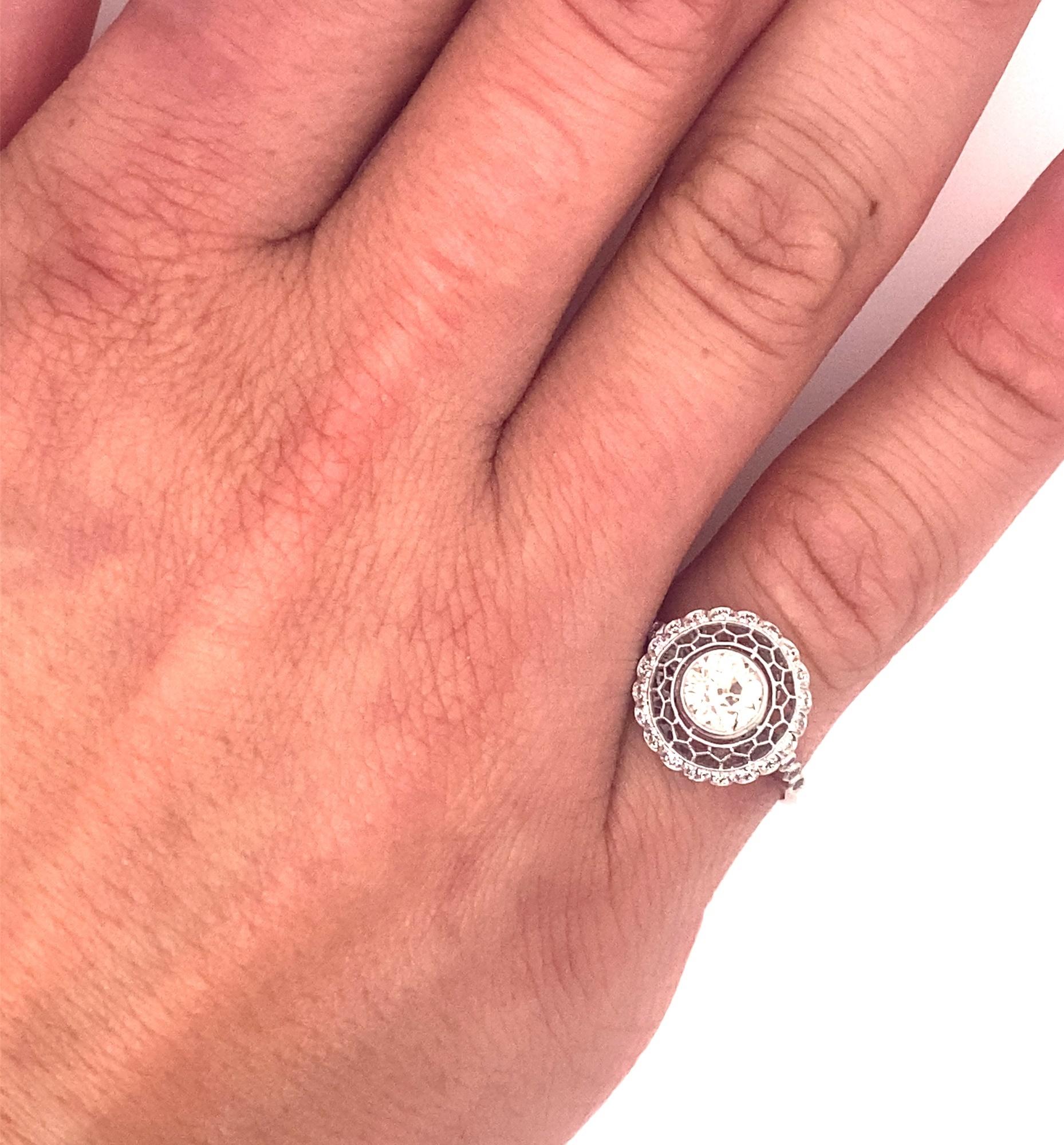 Vintage Filigree Old Mine Cut .87 Carat Diamond Platinum Ring For Sale 1