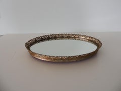 Vintage Filigree Oval Brass Vanity Tray with Mirror