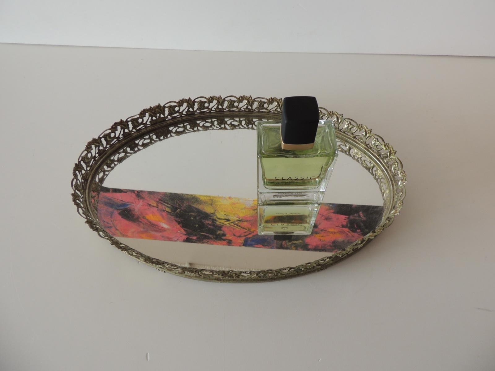 Vintage Filigree Oval Brass Vanity Tray with Mirror In Good Condition In Oakland Park, FL