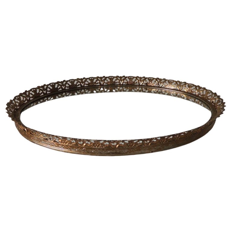 Vintage Filigree Oval Brass Vanity Tray with Mirror at 1stDibs