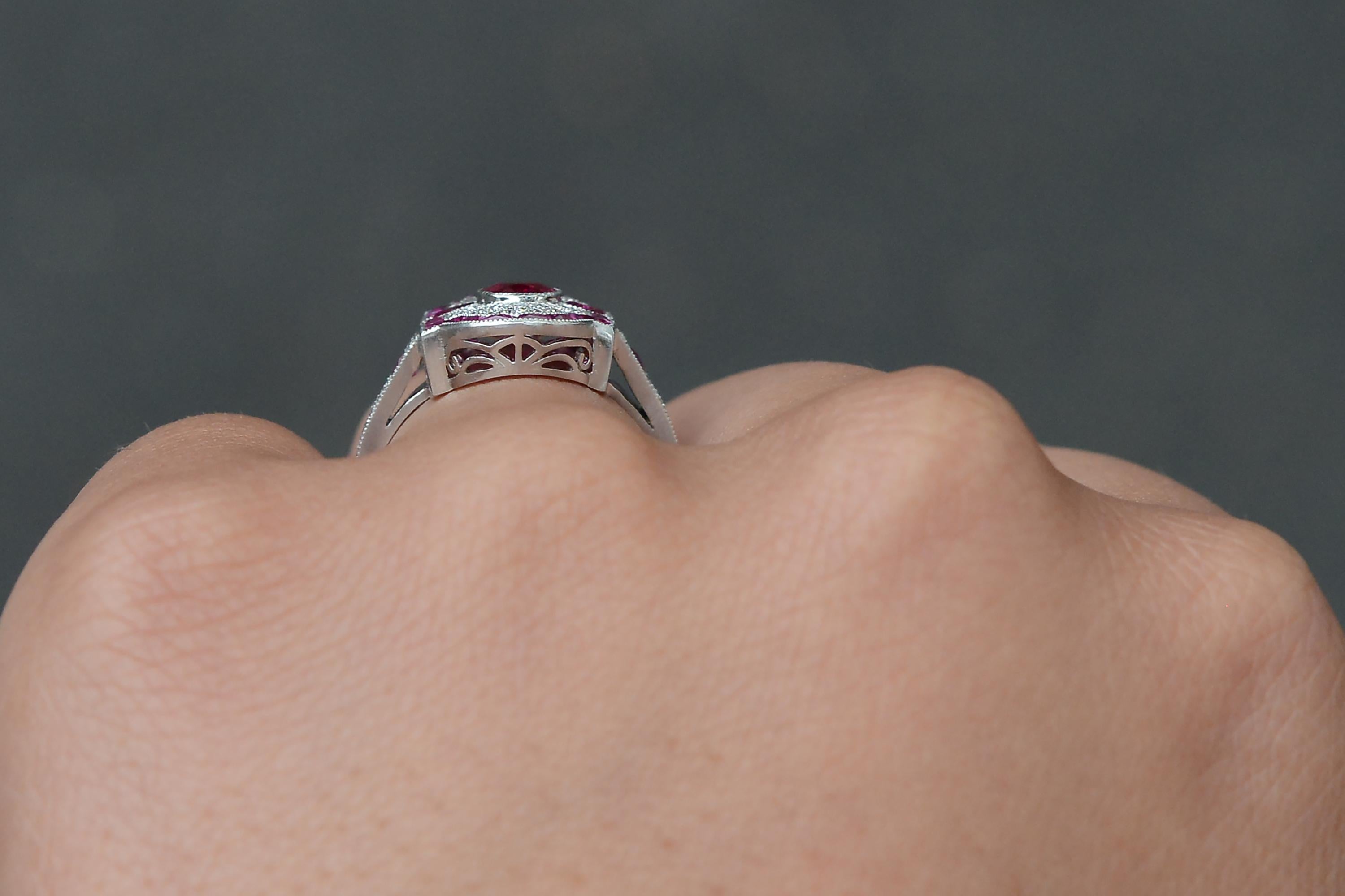 Art Deco Vintage Filigree Ruby Diamond Shield Engagement Ring For Sale