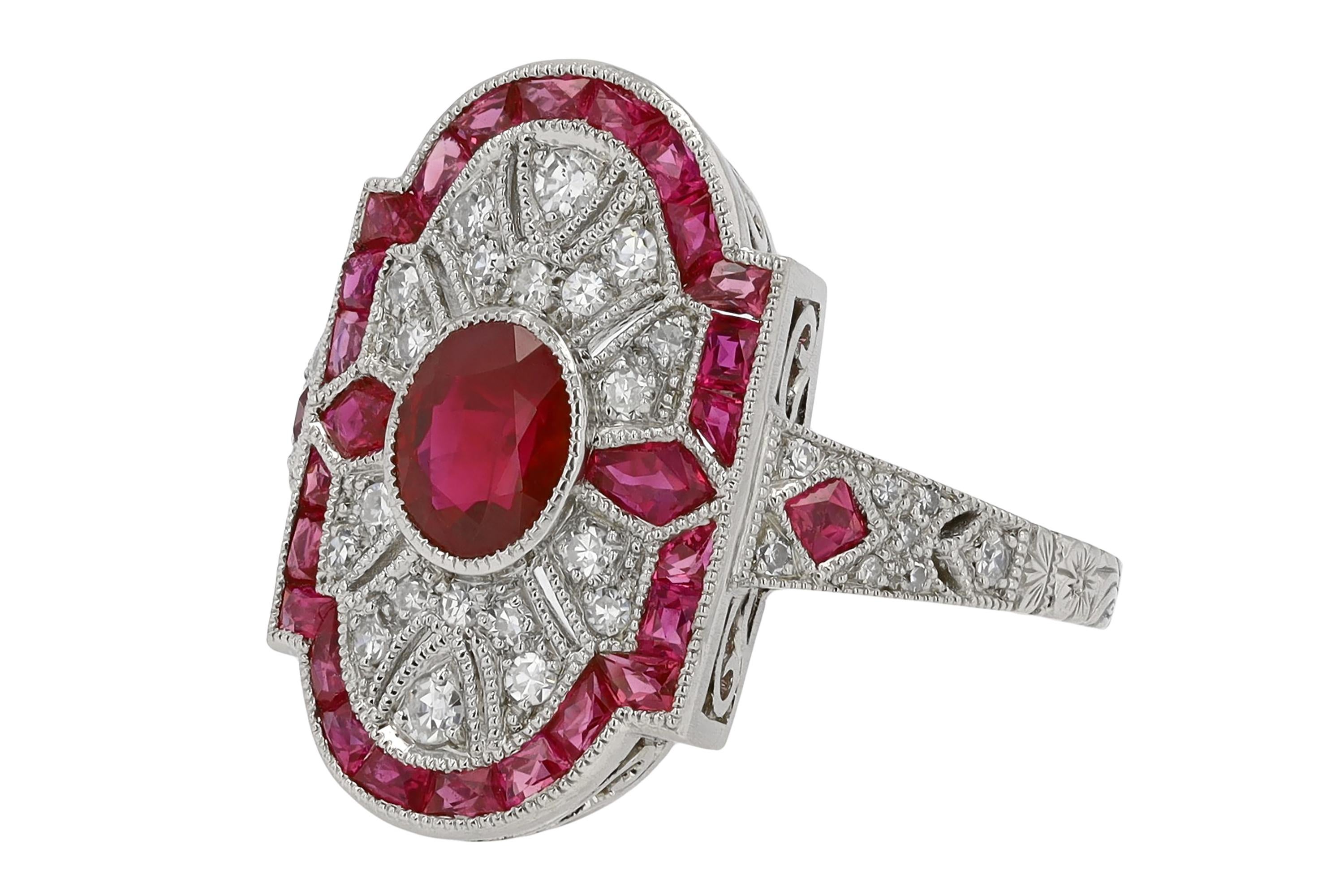 Oval Cut Vintage Filigree Ruby Diamond Shield Engagement Ring For Sale
