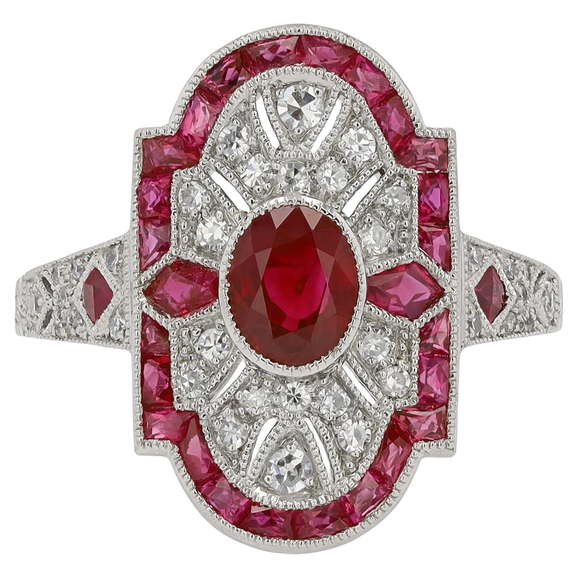 Vintage Filigree Ruby Diamond Shield Engagement Ring