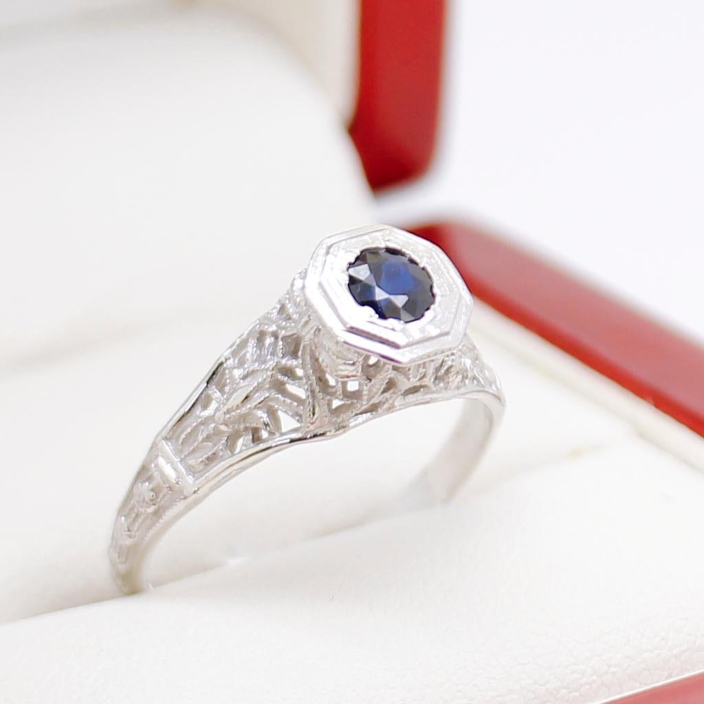 Art Deco Vintage Filigree Sapphire Engagement Ring For Sale