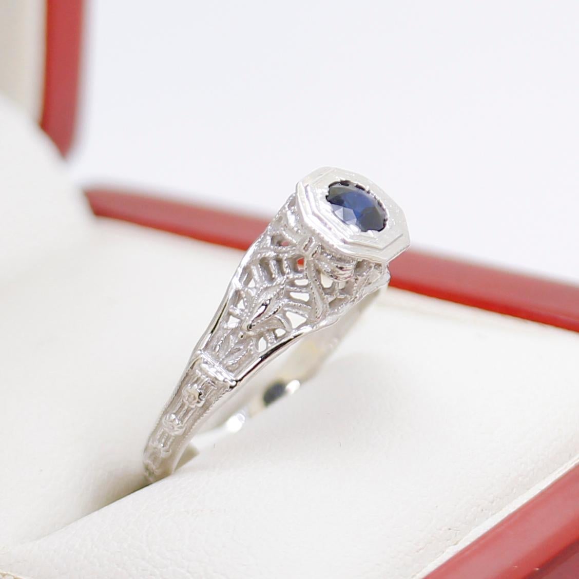 Round Cut Vintage Filigree Sapphire Engagement Ring For Sale