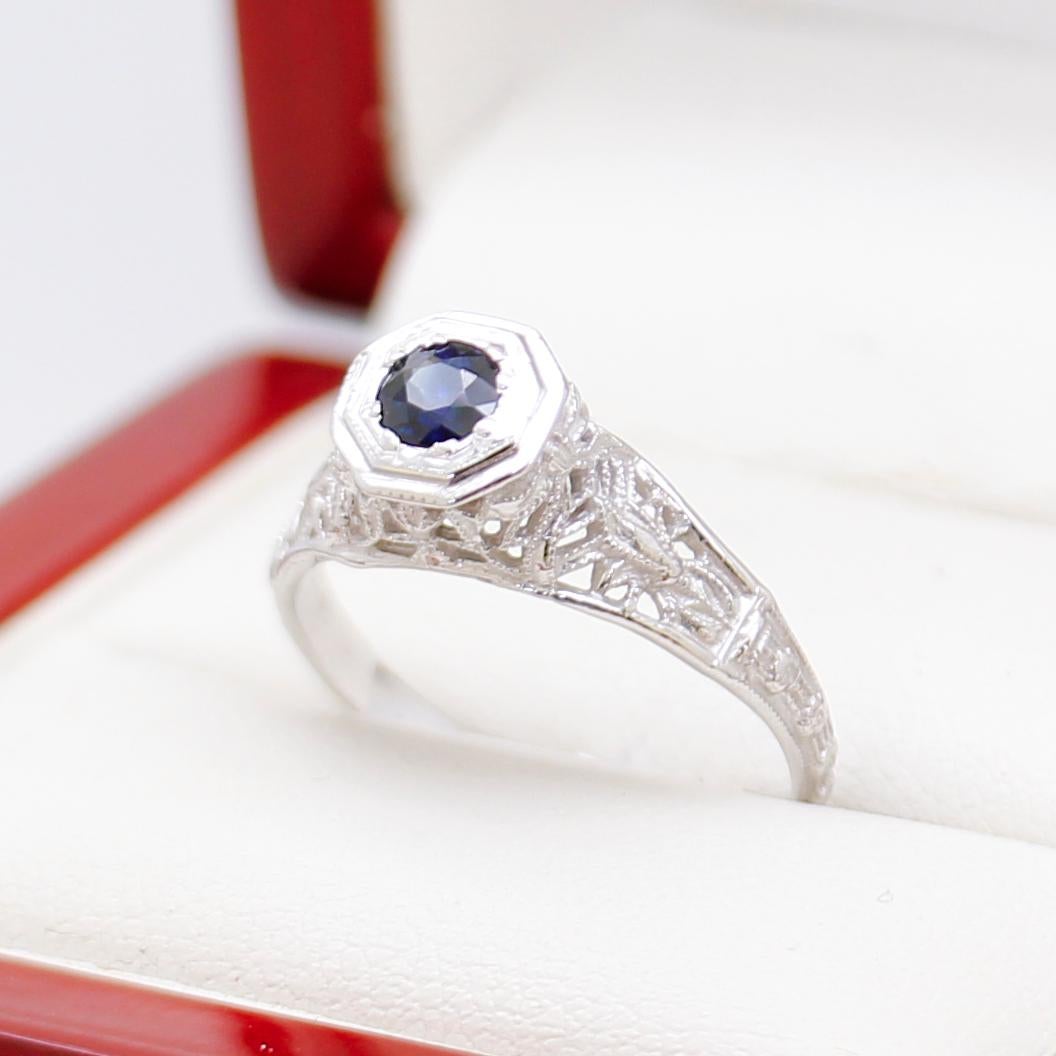 Women's Vintage Filigree Sapphire Engagement Ring For Sale