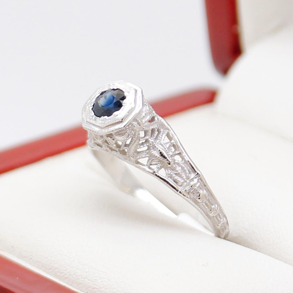 Vintage Filigree Sapphire Engagement Ring For Sale 1