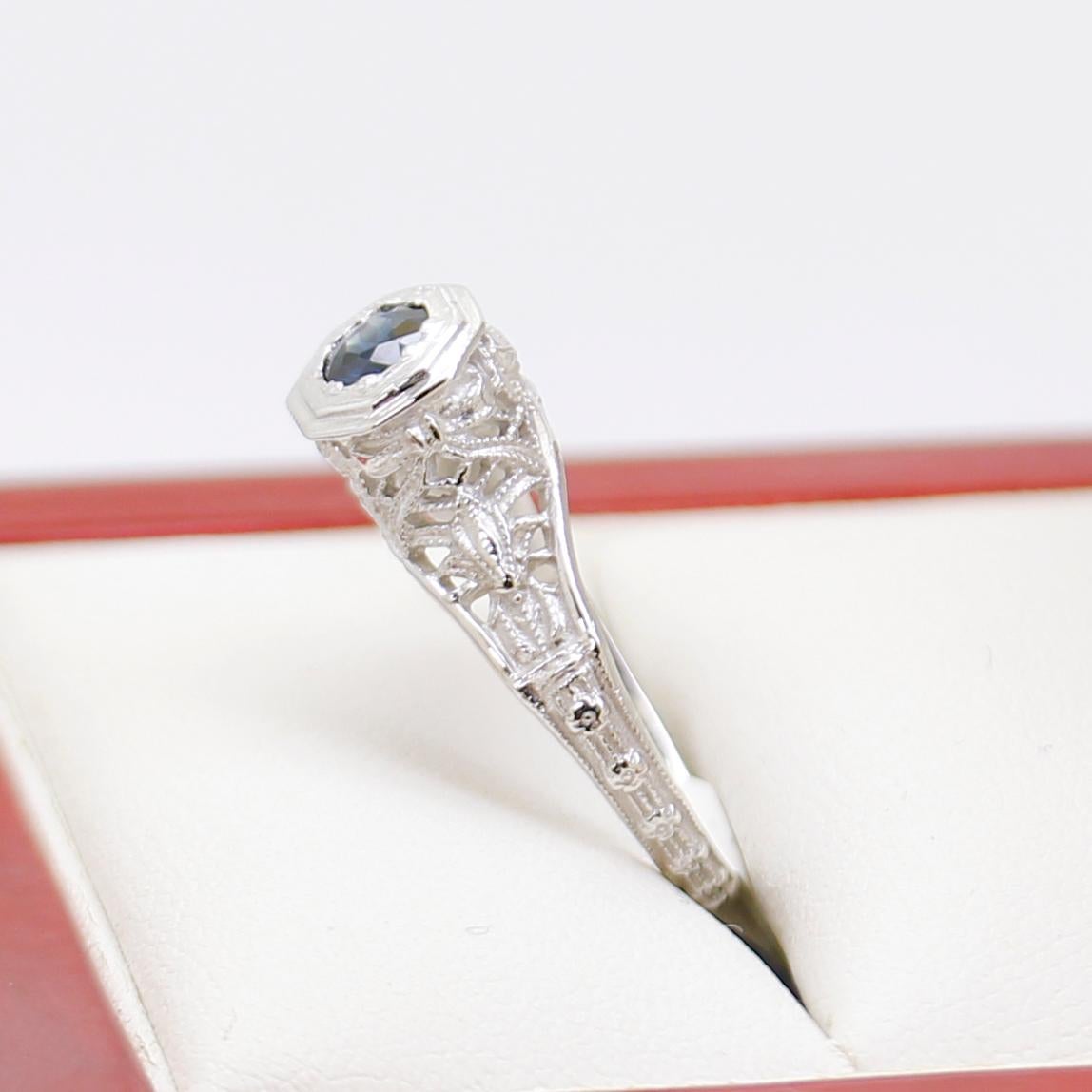 Vintage Filigree Sapphire Engagement Ring For Sale 2
