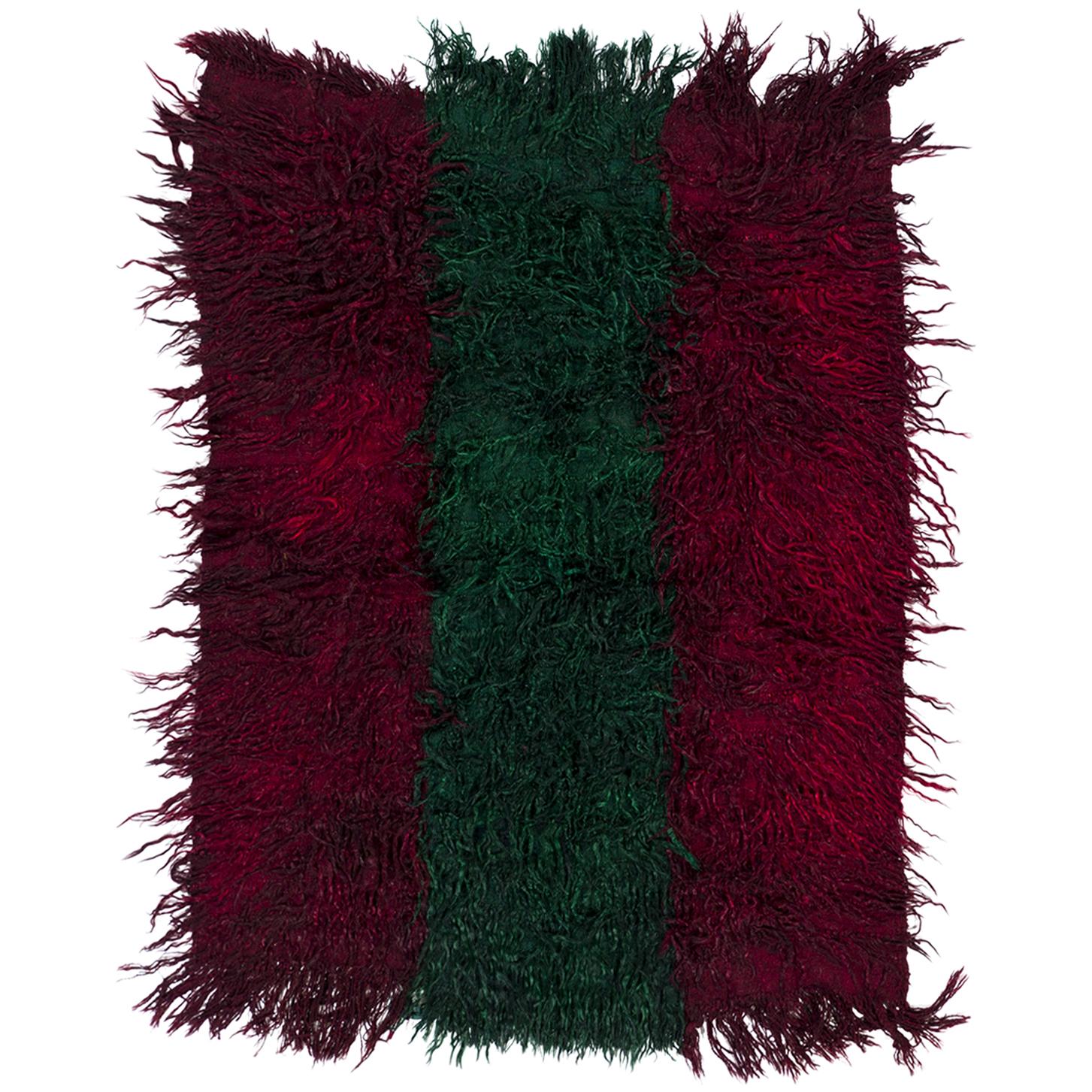 Vintage "Filikli" Tulu Rug Made of Mohair 'Angora Wool', Red and Green Colors For Sale