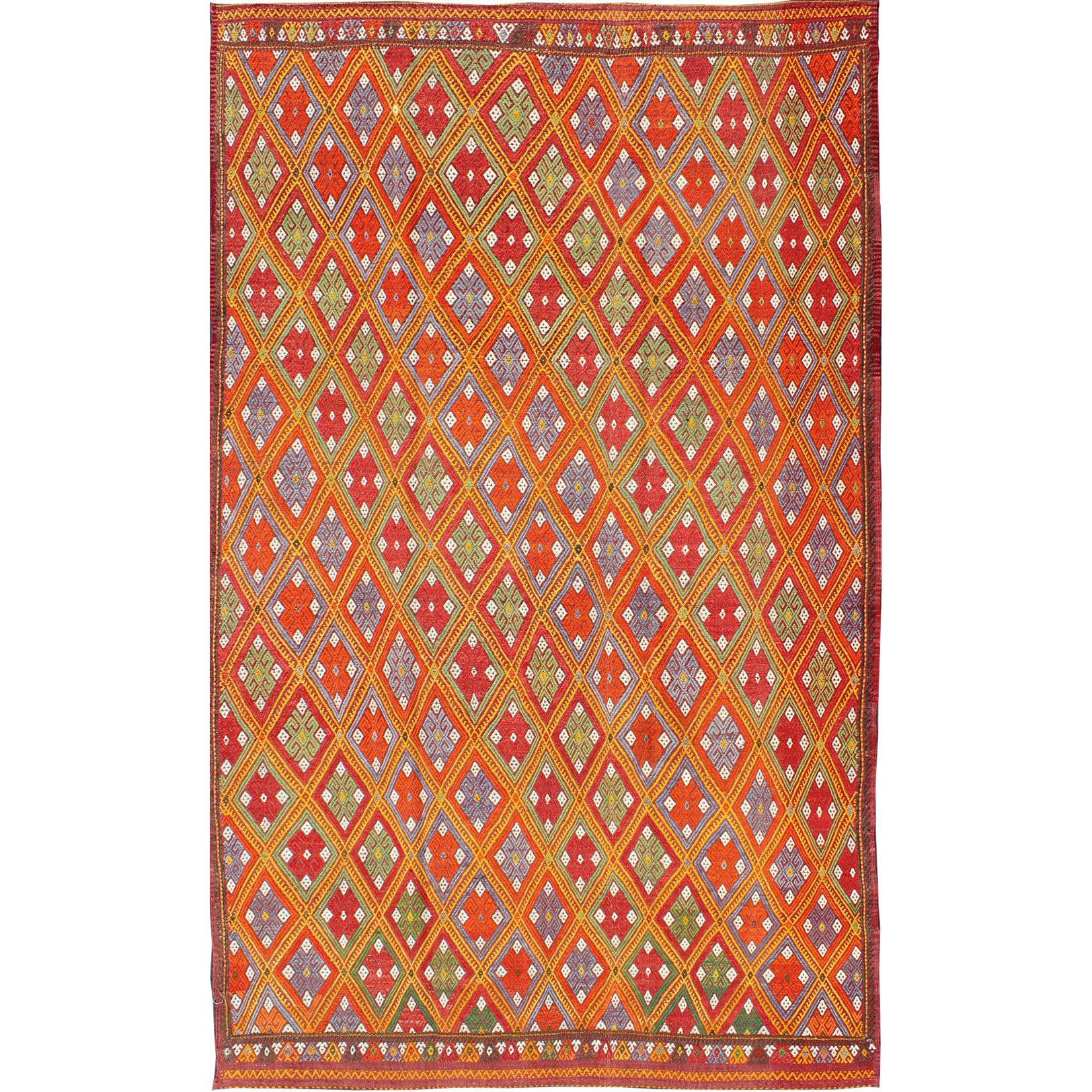 Vintage Fine Embroidered Jijim Rug with Diamond Design in Bright Colors For Sale