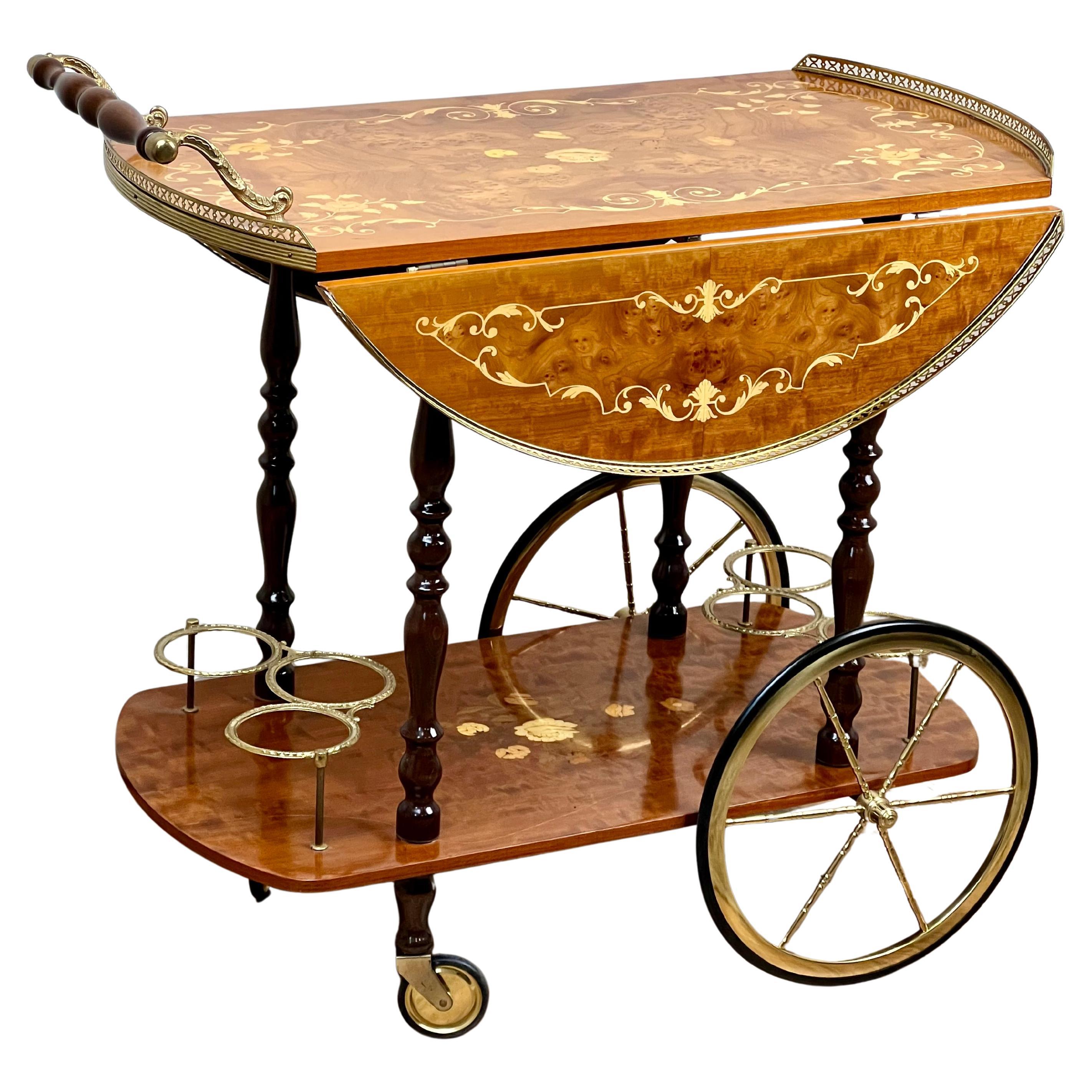 Vintage Fine Italian Burlwood Marquetry Tea Cart by Sorrento