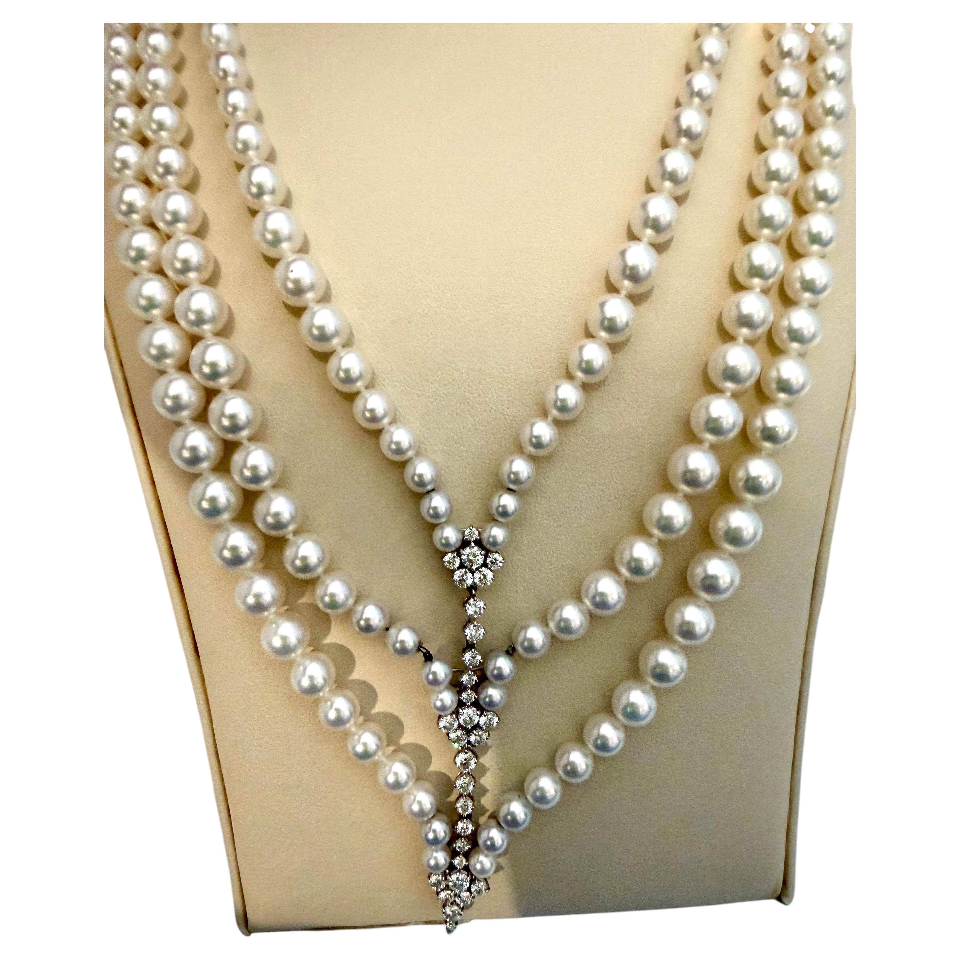 Collana vintage di perle Mikimoto 6-8 mm e 34 diamanti in oro bianco 18 carati in vendita