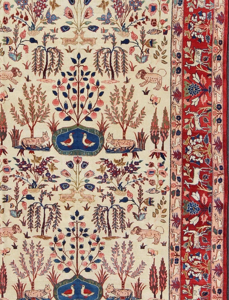 Vintage Fine Persian Isfahan Rug with Nature Motifs in Ivory and Red