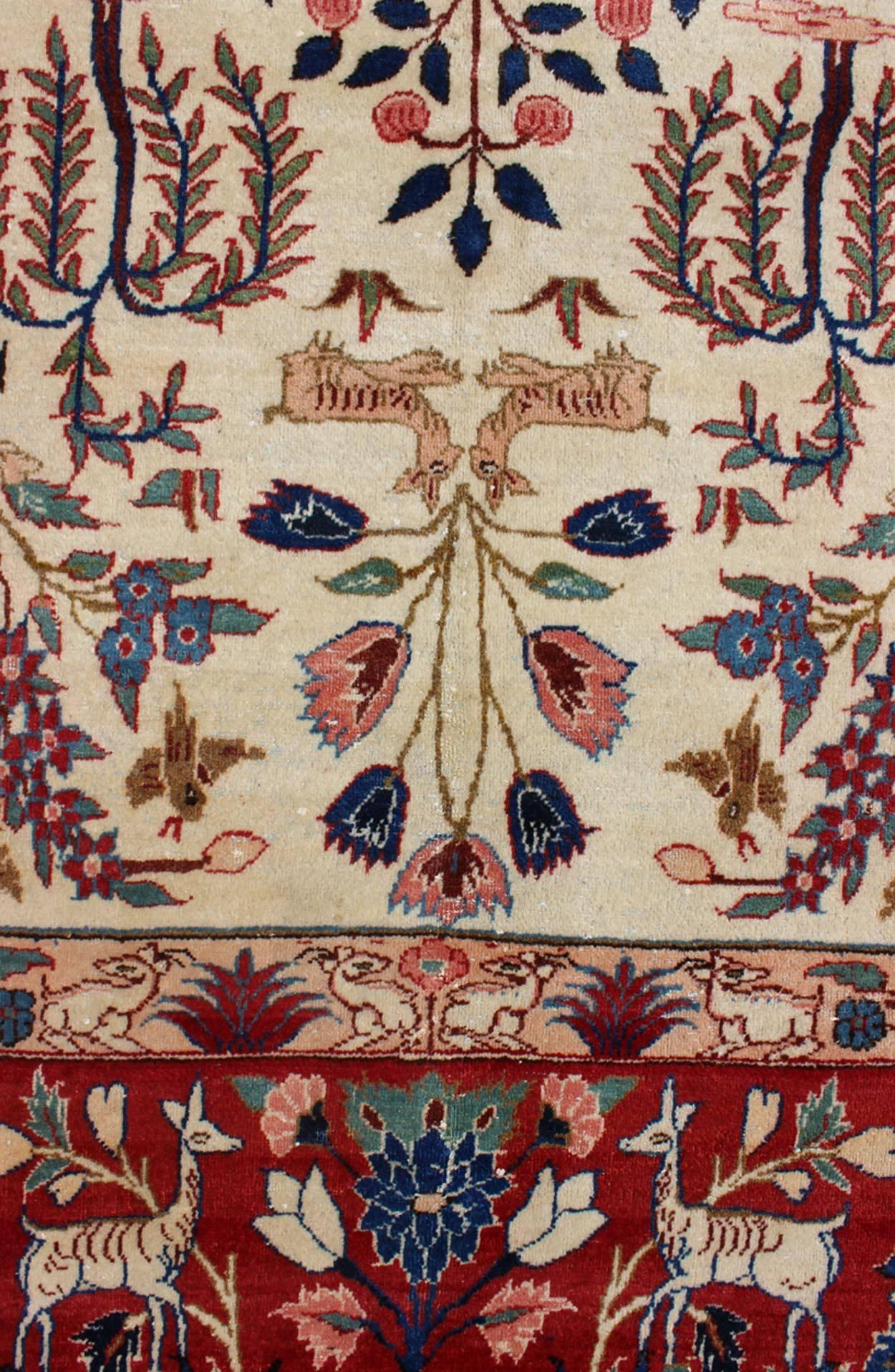 Tabriz Vintage Fine Persian Isfahan Rug with Nature Motifs in Ivory, Blue, Brown & Red For Sale