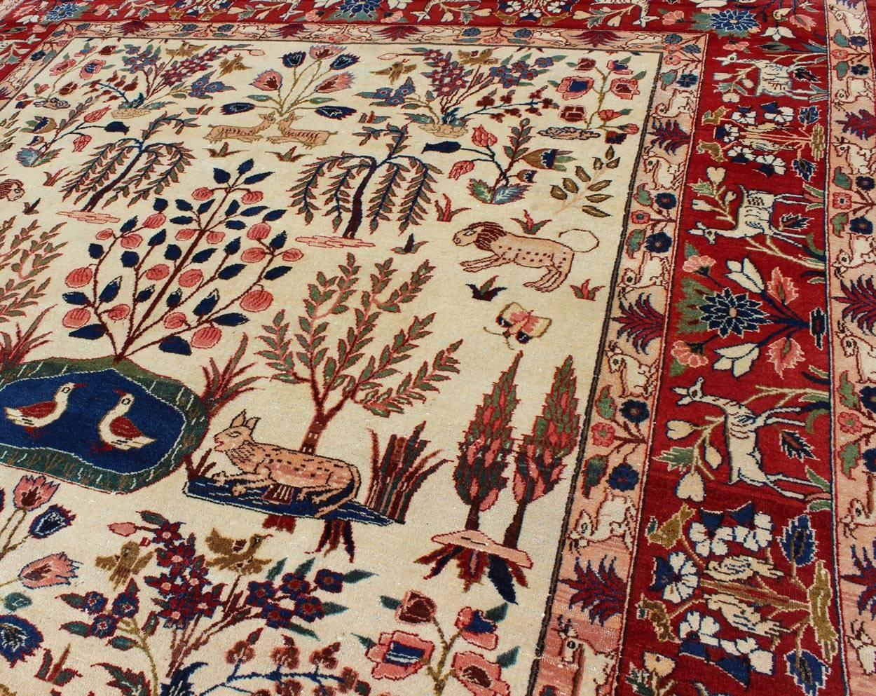 Mid-20th Century Vintage Fine Persian Isfahan Rug with Nature Motifs in Ivory, Blue, Brown & Red For Sale
