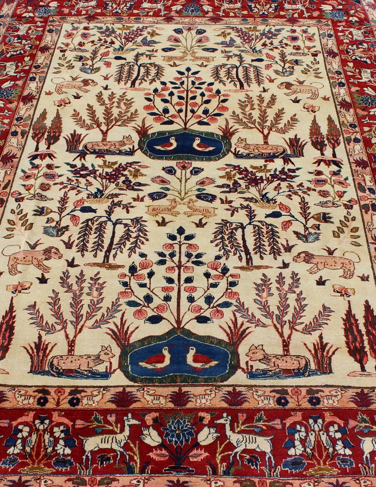 Wool Vintage Fine Persian Isfahan Rug with Nature Motifs in Ivory, Blue, Brown & Red For Sale