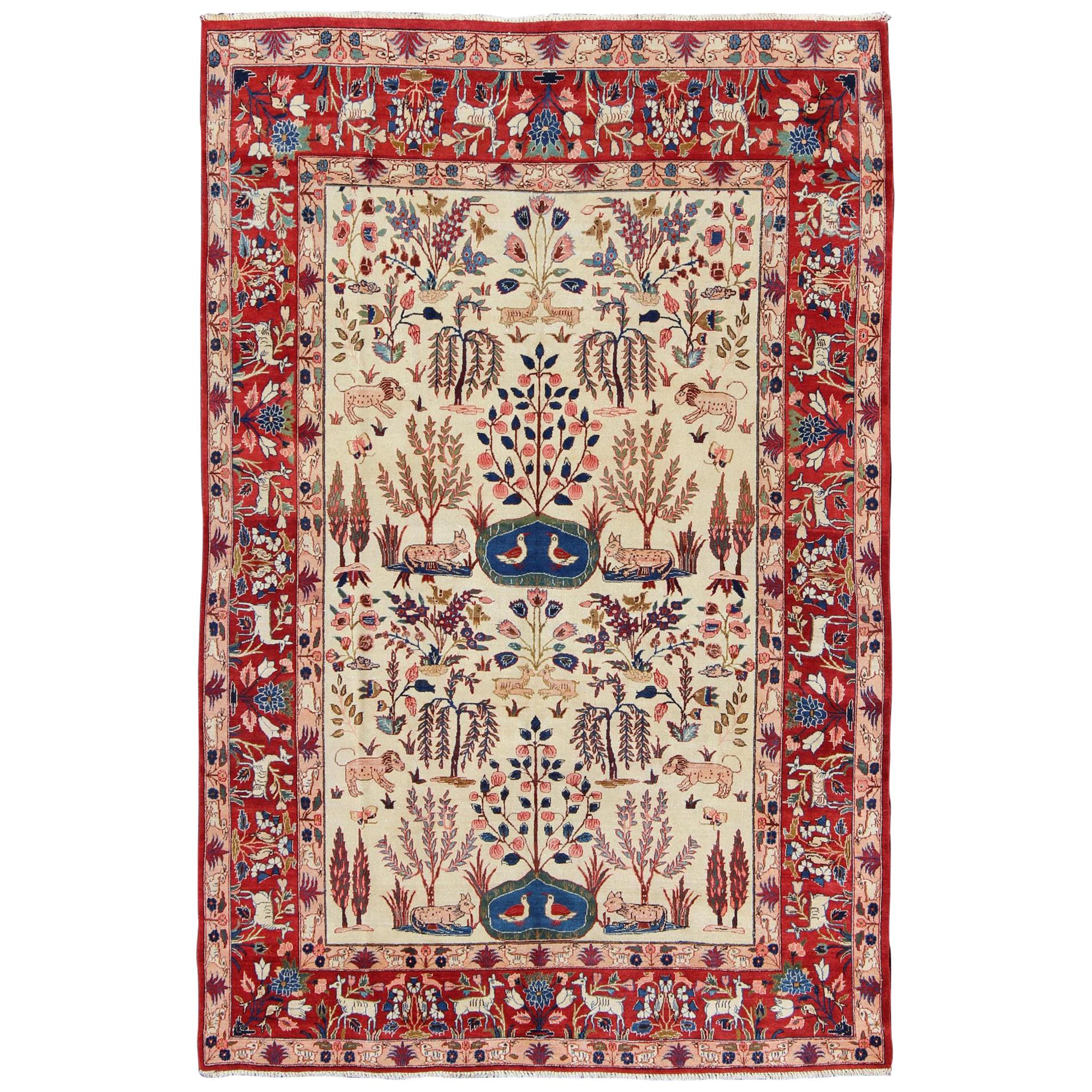 Vintage Fine Persian Isfahan Rug with Nature Motifs in Ivory, Blue, Brown & Red For Sale