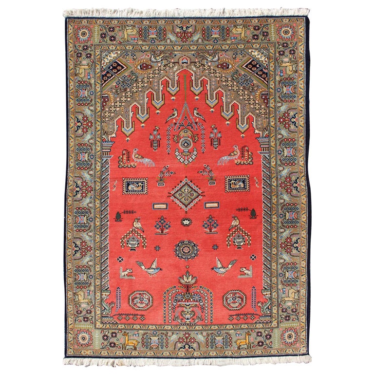 Vintage Fine Persian Qum Prayer Rug With Soft Red Field in Mihrab