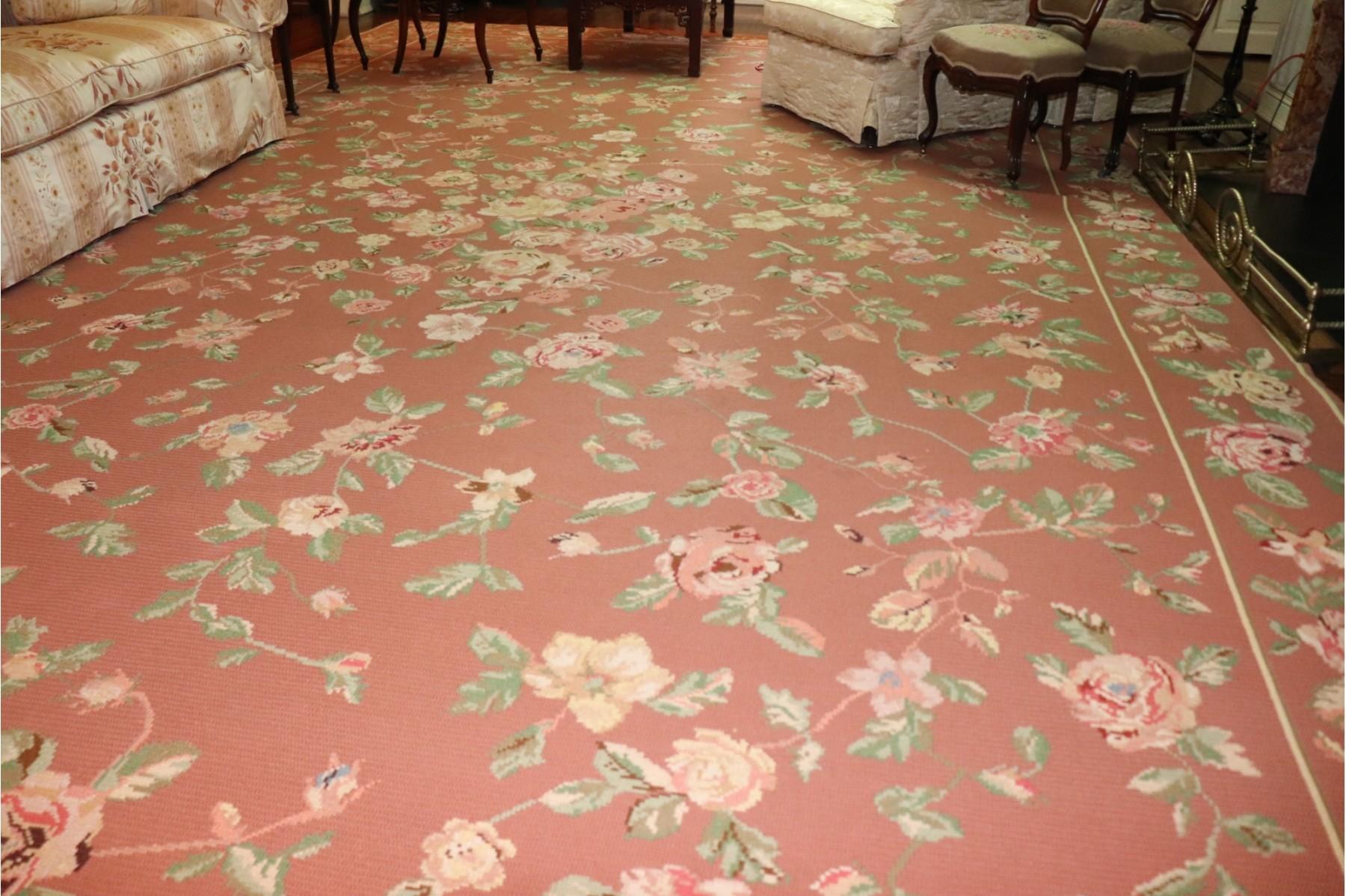 Vintage Fine Portuguese Needlepoint Rose Carpet Schumacher, PFM Rug, Handmade In Fair Condition In Brooklyn, NY